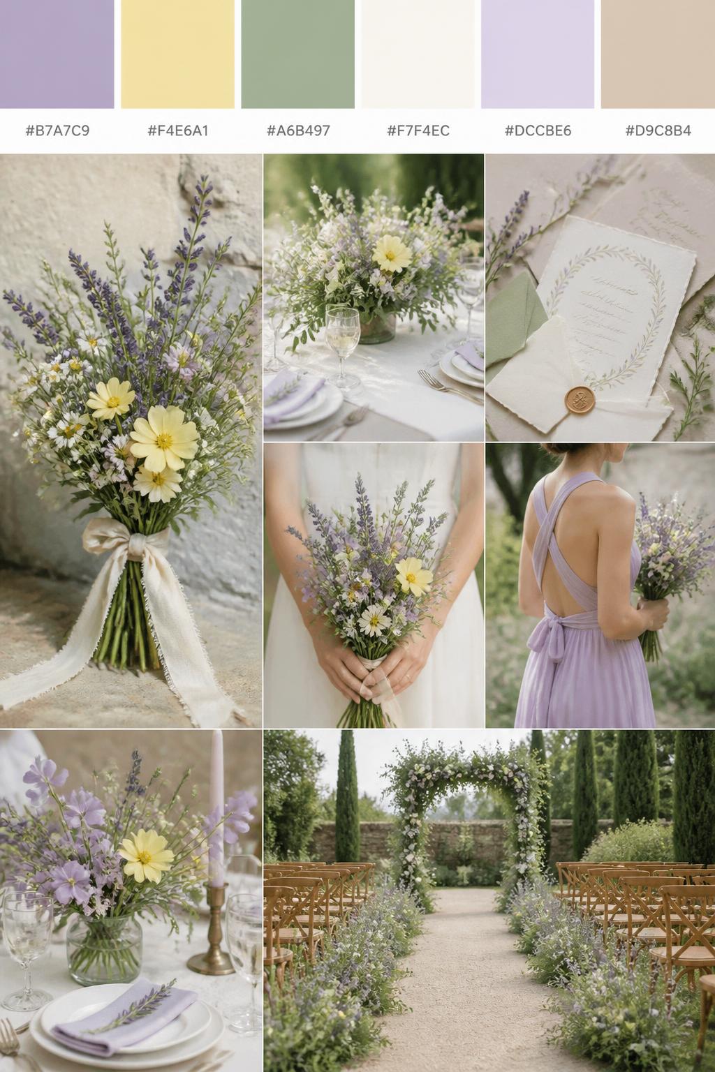 Image Prompt:
A realistic wildflower wedding color palette mood board in a Pinterest-style collage layout. Add a top row of clean color swatches with small hex codes in lavender, butter yellow, sage green, ivory, soft lilac, and warm beige. Below the swatches, create a romantic collage of realistic wedding details: loose wildflower bouquets with lavender sprigs, pale yellow blooms, sage greenery, ivory table linens, garden-style centerpieces, handwritten-style wedding stationery, a hands-only bouquet shot, a back-view bridesmaid dress detail, and a no-people outdoor ceremony aisle lined with wildflowers. Use side views, cropped-from-neck shots, hands-only details, back views, and no-people scenes to avoid showing faces. Soft natural light, DSLR-style realism, 9:16 vertical format. No extra text except small hex codes on the palette strip. (no watermarks on images)
