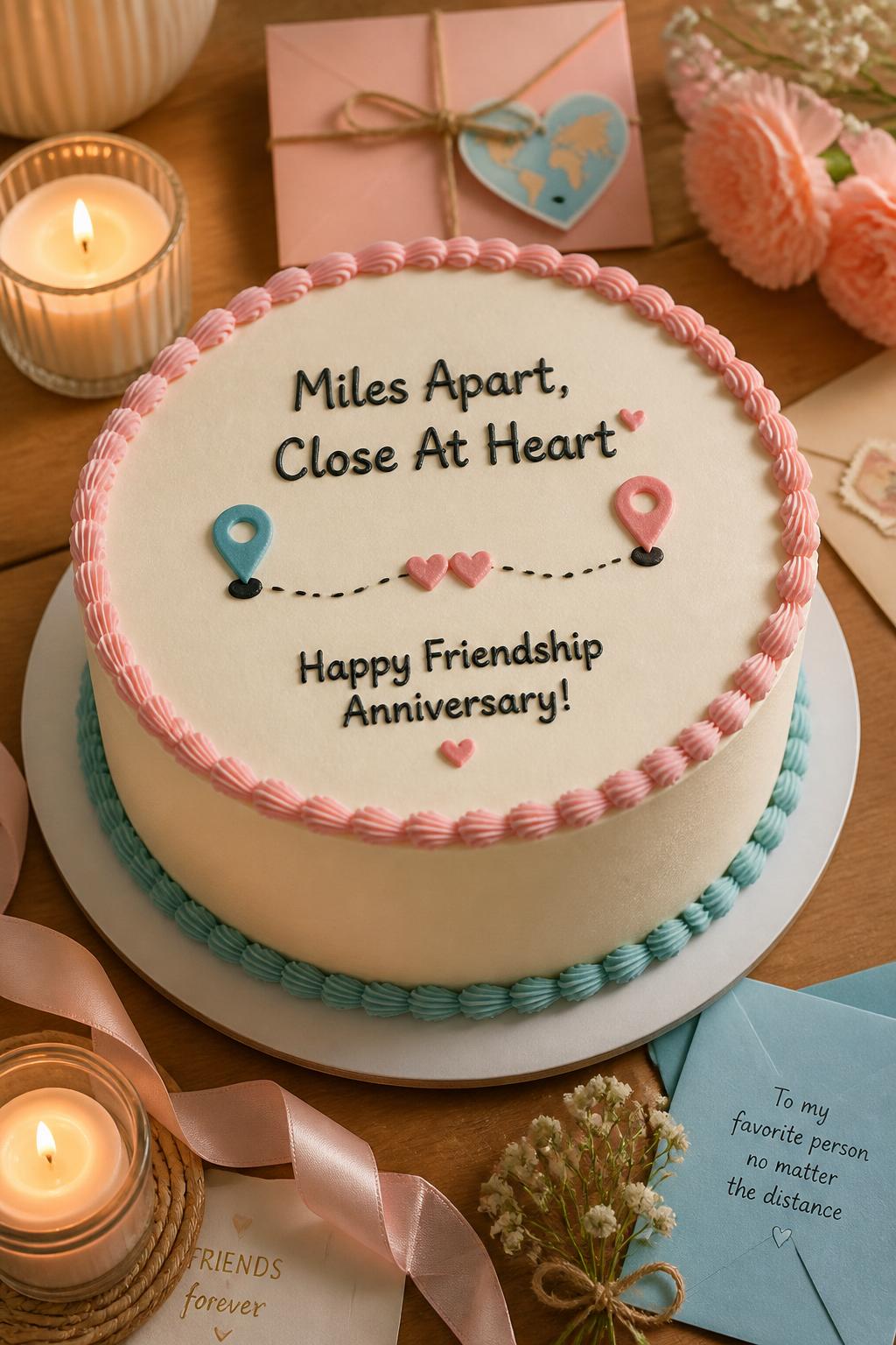 Image Prompt: A cute long-distance friendship anniversary cake with smooth white buttercream, tiny piped map-pin icons, two small hearts connected by a dotted line, pastel borders, and a sweet “Miles Apart, Close At Heart” style message. Style it on a cozy table with candles, envelopes, ribbons, and soft flowers. Make it realistic, thoughtful, and polished, no people, no faces, no watermark. (no watermarks on images)