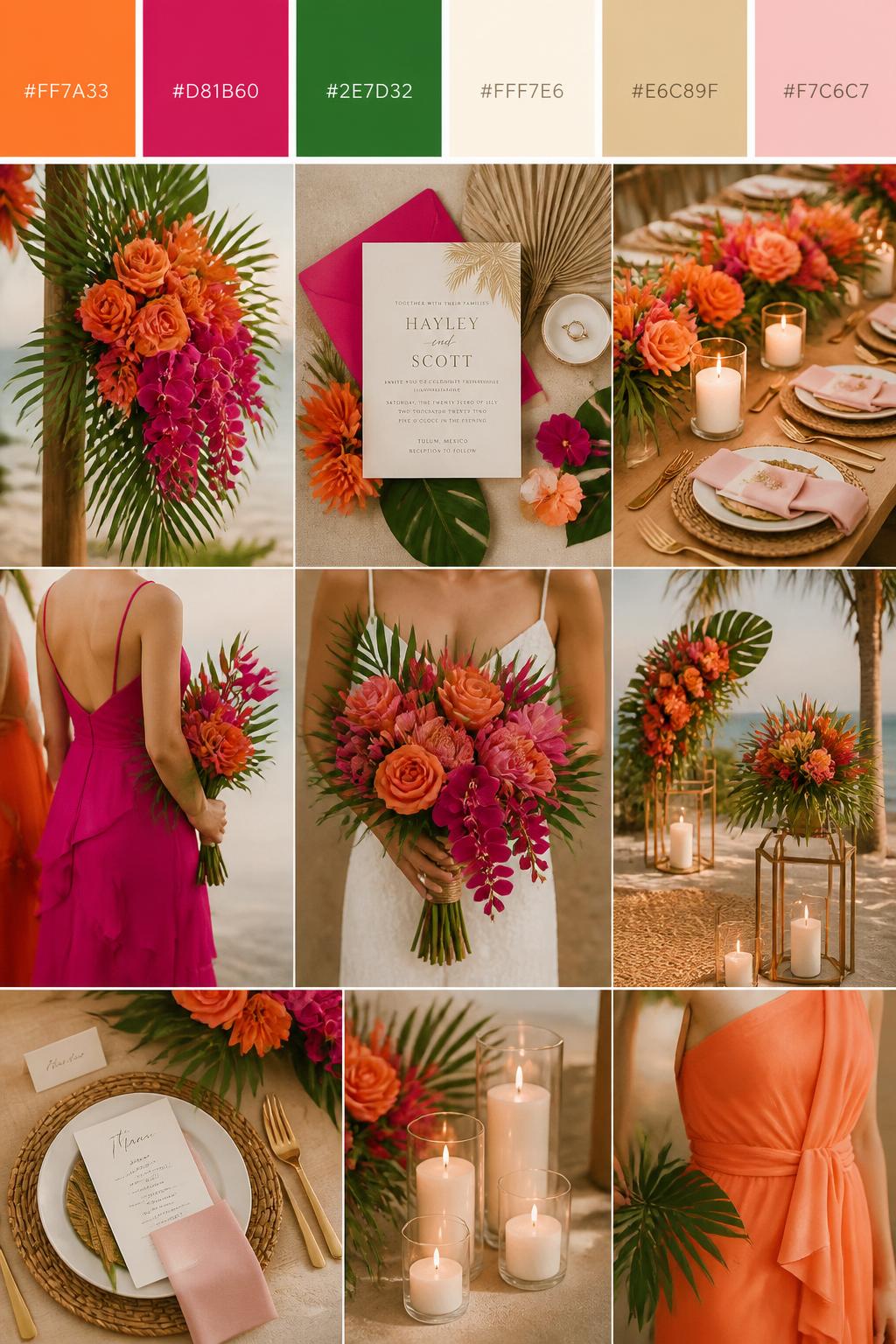 A realistic vertical wedding mood board with a top palette strip showing hex codes in sunset orange, magenta, palm green, cream, warm sand, and soft blush. Below the swatches, show a romantic collage of orange and magenta florals, palm greenery, cream candles, tropical table settings, invitation styling, a bouquet held in front of the body with no face visible, cropped bridesmaid dress details, and warm ceremony decor. Use varied no-face compositions such as side views, back views, hand-held bouquet close-ups, and no-people tablescape shots. DSLR realism, Pinterest-style collage layout, 9:16 vertical format. (no watermarks on images)