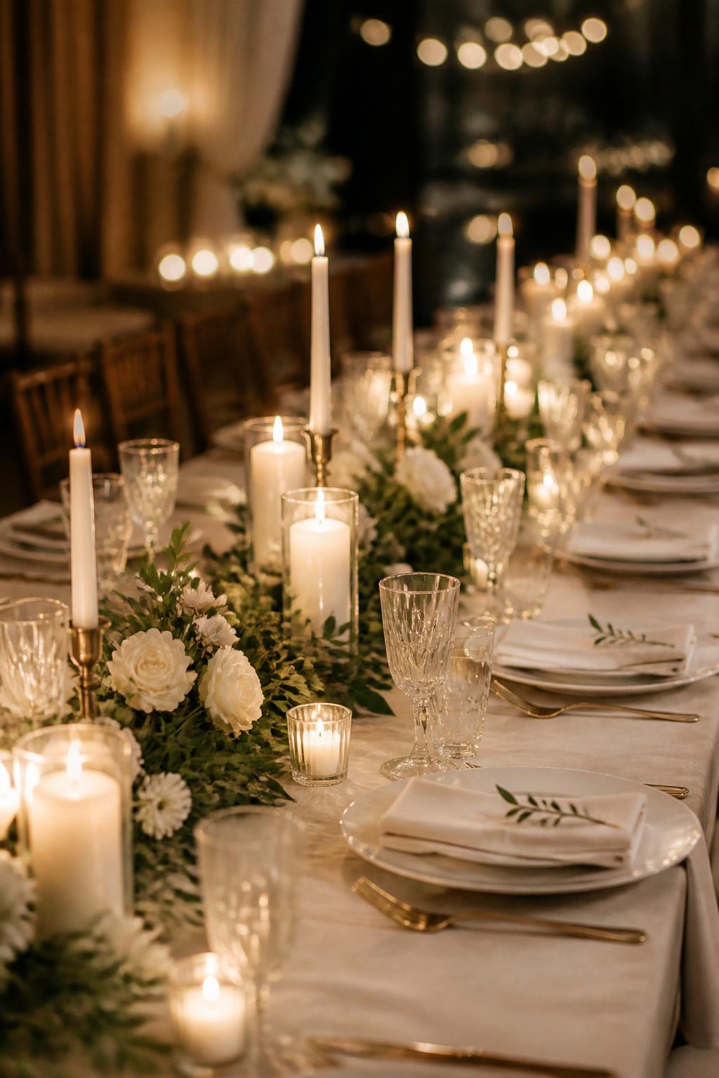 Image Prompt:
A romantic wedding table photo showing mixed candle heights down the center, including taper candles, pillar candles, and small glass votives, paired with simple greenery, white flowers, ivory linen, white plates, and clear glassware. Warm evening reception setting, no visible faces, no text, no watermark, realistic DSLR editorial photography, (no watermarks on images)
