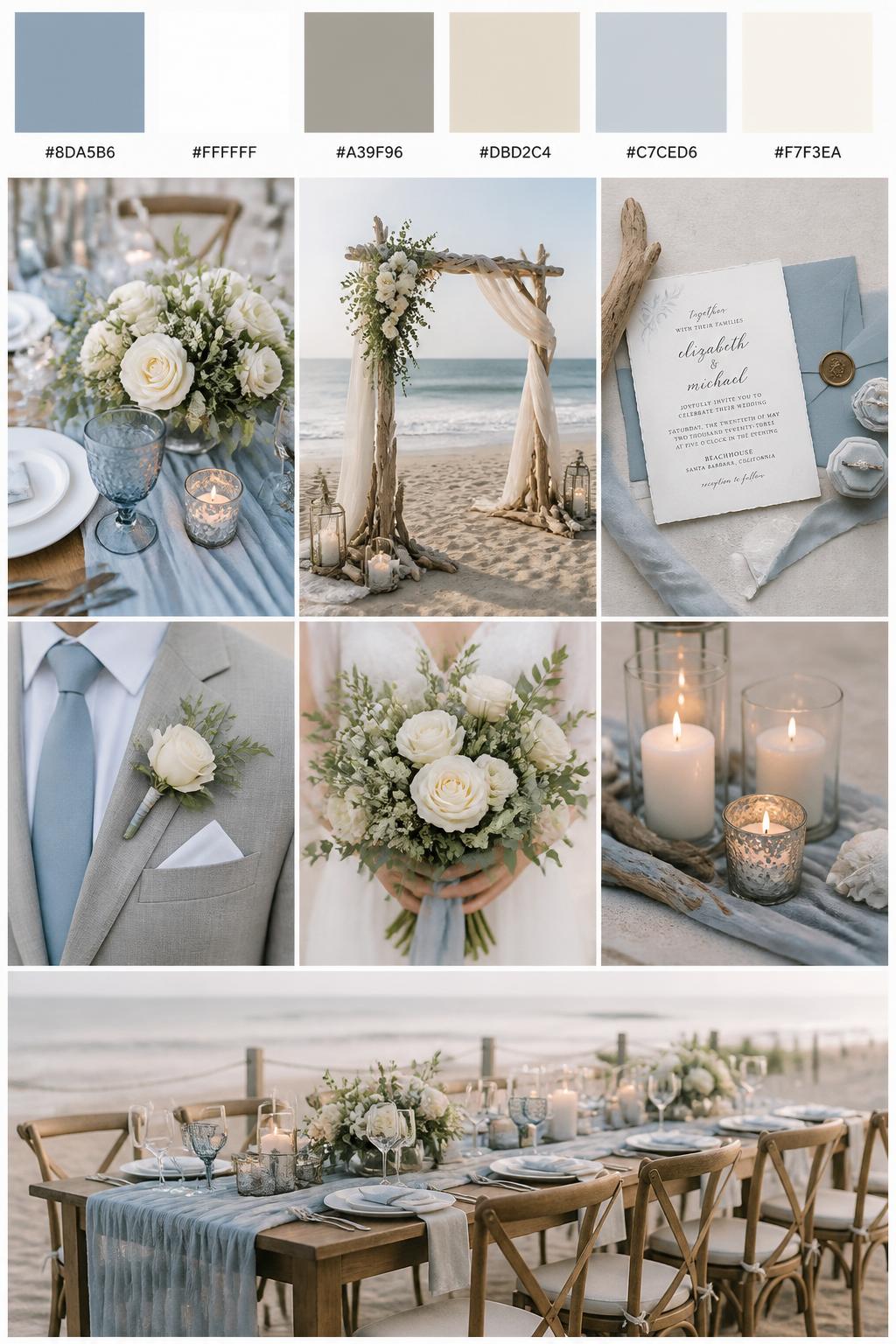 A realistic beach wedding mood board with a top strip of color swatches and small hex codes in dusty blue, white, driftwood gray, soft beige, pale slate, and ivory. Below, show a romantic collage of wedding details: dusty blue table runners, white roses, driftwood ceremony accents, coastal invitation styling, soft candles, a cropped groom suit detail with boutonniere and no face visible, hands holding a bouquet, and a no-people reception table near the beach. Keep the collage calm, airy, and polished with DSLR-style realism. Use no clear faces, with side angles, back views, detail-only shots, and no-people scenes. 9:16 vertical format. (no watermarks on images)