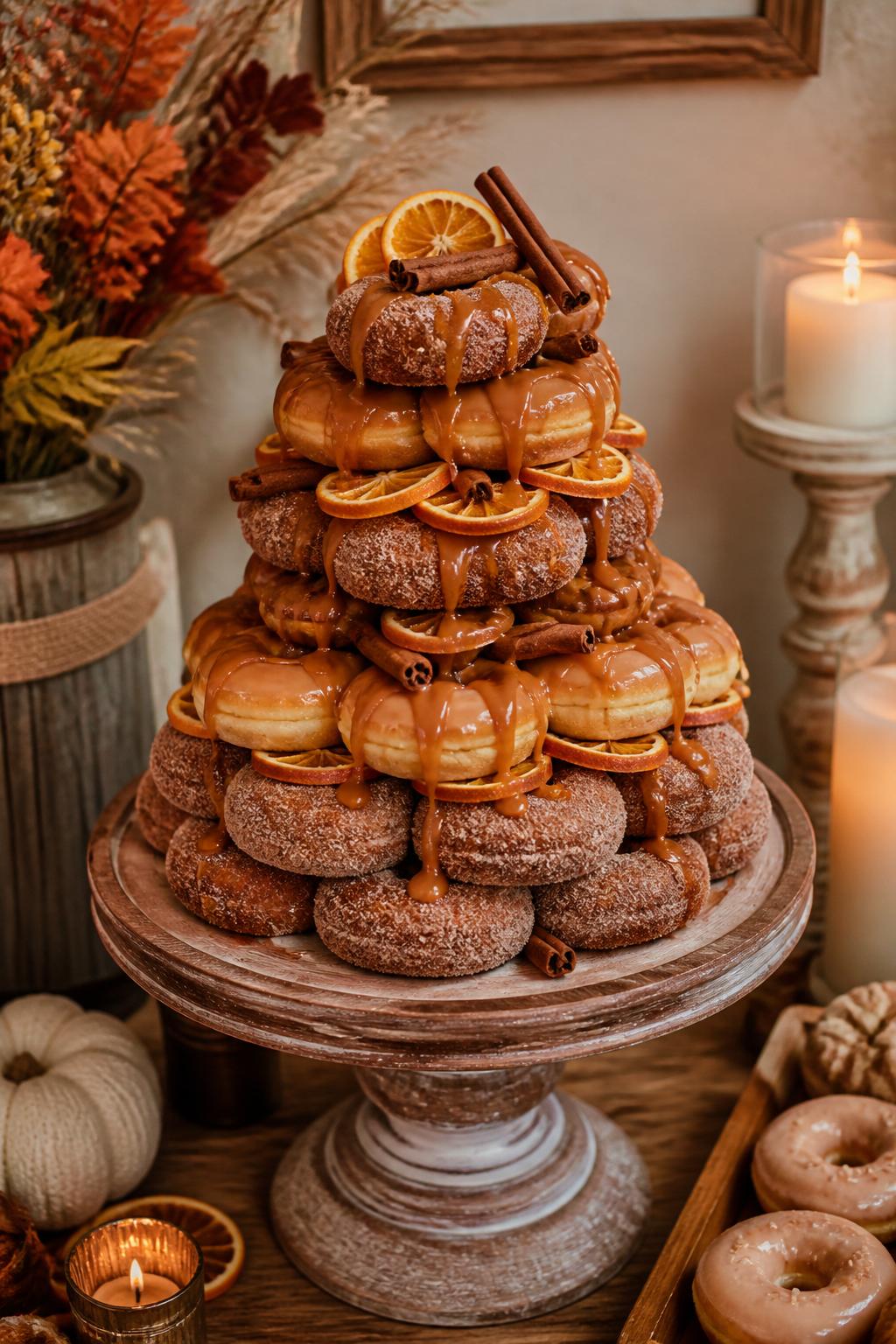 Detailed Image Prompt:
A cozy fall donut tower cake made with cinnamon sugar donuts, caramel glazed donuts, tiny caramel drizzle, dried orange slices, cinnamon sticks, and a rustic cake stand, styled on an autumn dessert table with warm candles and neutral fall decor, realistic DSLR dessert photography, no people, no watermarks on images.