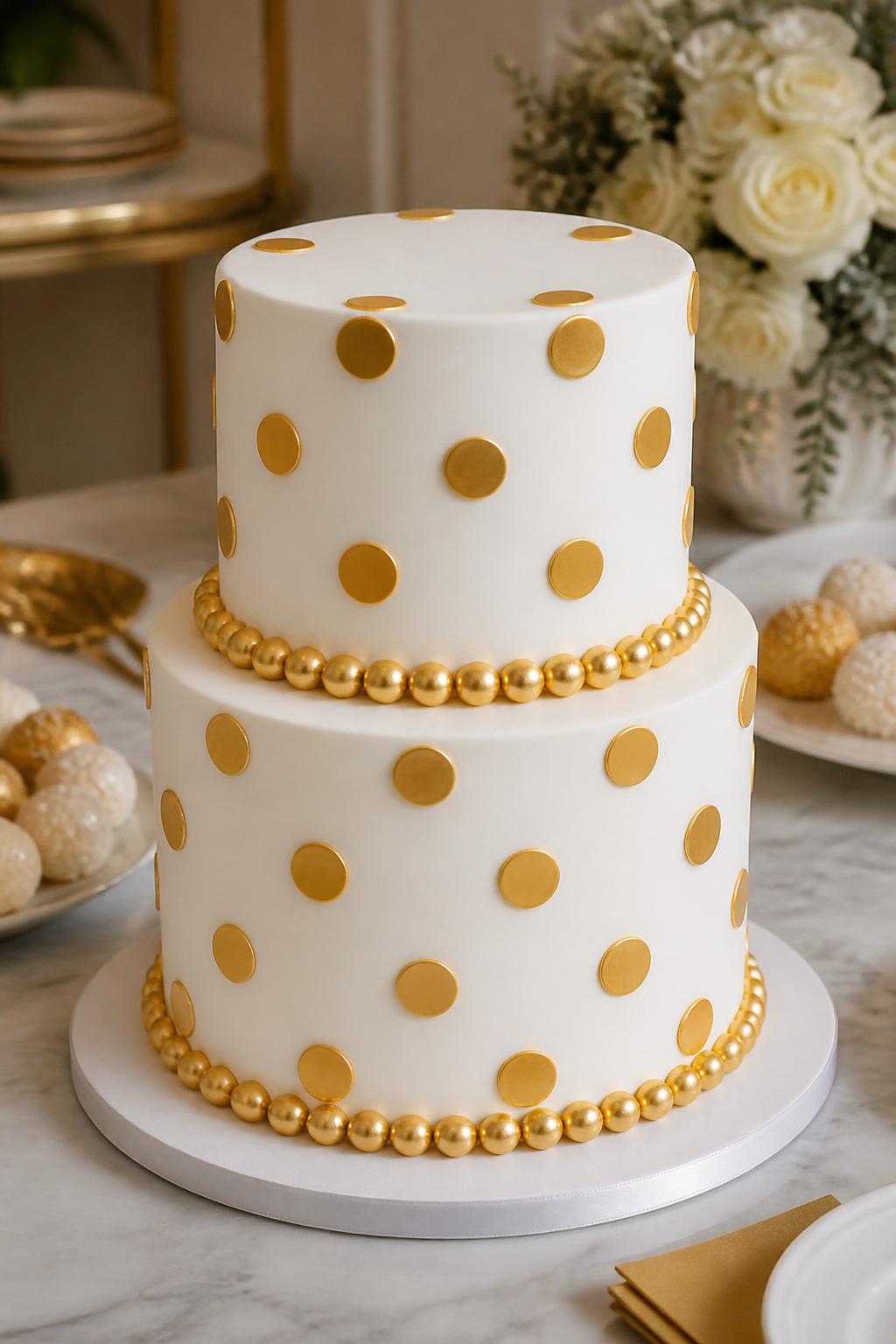 Detailed Image Prompt:
A luxury white cake decorated with metallic gold polka dots, smooth white fondant finish, gold pearl accents, a clean cake board, styled on a marble dessert table with soft neutral party decor, elegant celebration cake photography, no people, realistic DSLR image, warm natural light, no watermarks on images.