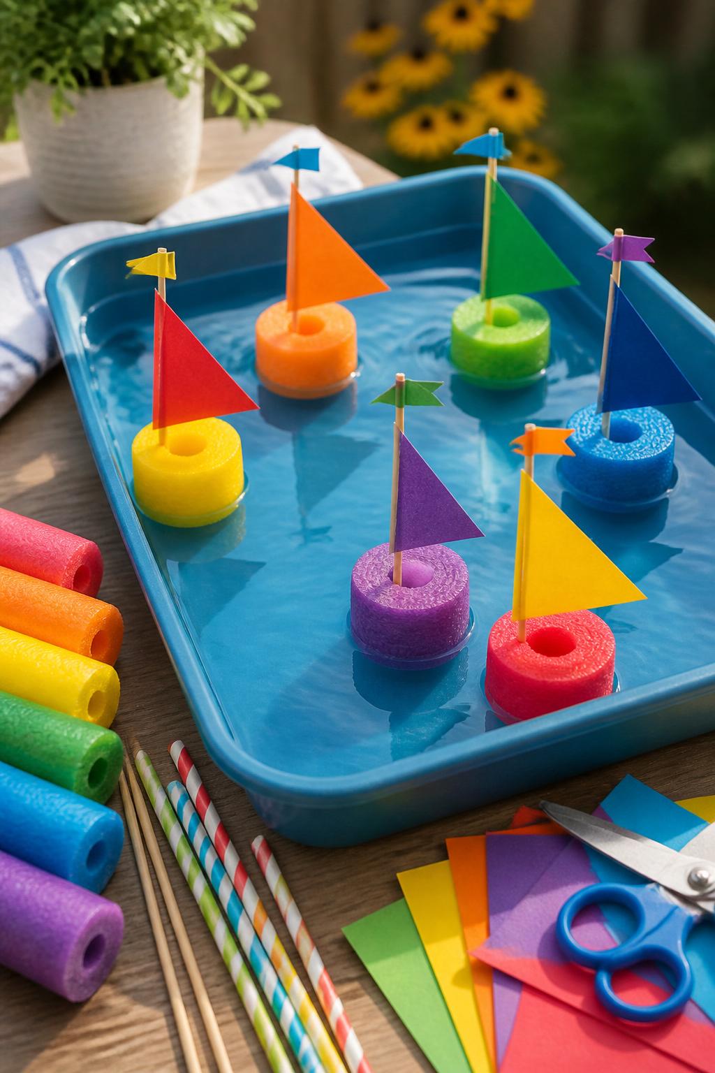 Detailed Image Prompt:
A fun summer craft photo of mini pool noodle boats floating in a shallow tray of water, small sliced pool noodle pieces with paper sails attached to wooden skewers or straws, colorful triangle sails, a blue water tray, craft supplies on the side, backyard summer lighting, playful but neat editorial style, no children, no faces, no text, no watermark on images.