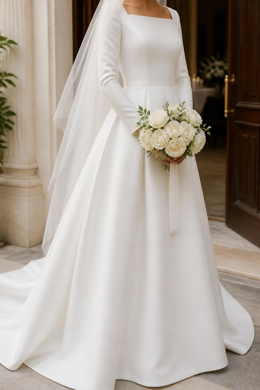 Image Prompt: A fashion-forward bridal editorial image of a bride wearing a clean square neck Christian wedding dress with a structured bodice, modest cut, and elegant full-length skirt. The setting is a bright church or chapel entryway. Show the bride from the neck down or from a back three-quarter angle while holding a bouquet low in front, keeping the face fully out of view. Focus on clean lines, modern modest elegance, realistic texture, premium editorial quality, no visible face, no text, no watermark. (no watermarks on images)