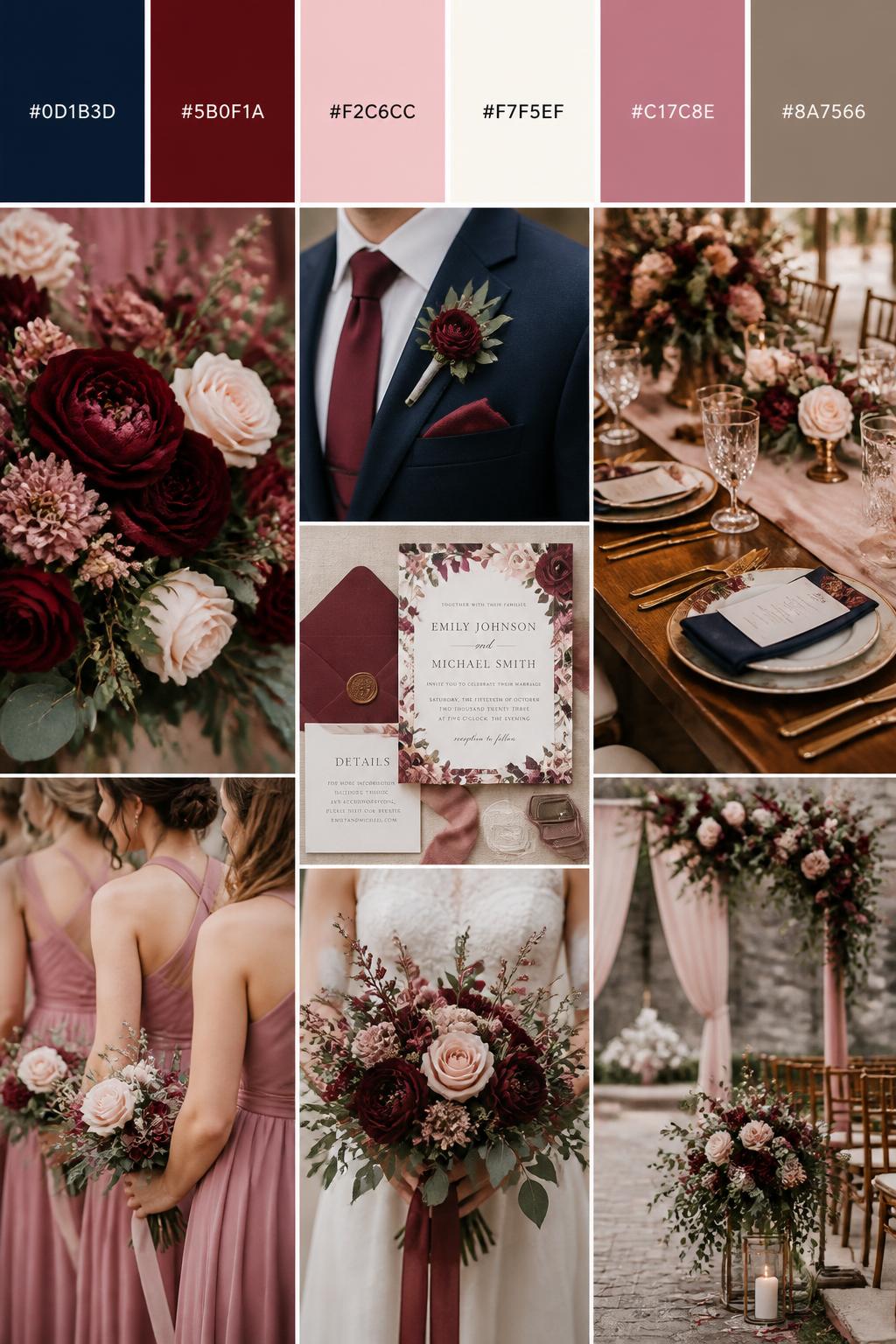 A realistic vertical wedding mood board with a top palette strip showing hex codes in navy blue, burgundy, blush pink, ivory, dusty rose, and warm taupe. Below the swatches, show a romantic collage of burgundy flowers, blush blooms, navy suit details, polished table settings, invitation styling, a bouquet held in front of the body with no face visible, cropped bridesmaid dress details, and warm ceremony decor. Use varied no-face compositions such as side views, back views, hand-held bouquet close-ups, and no-people tablescape shots. DSLR realism, Pinterest-style collage layout, 9:16 vertical format. (no watermarks on images)