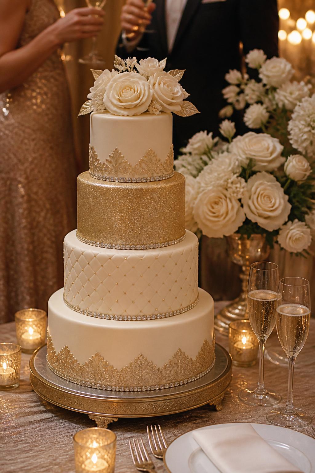 Image Prompt: Ultra-realistic wedding party reception photo of a champagne gold sparkle wedding cake with ivory fondant tiers, soft gold shimmer, crystal trim, and elegant decorative detailing. Style the cake on a beautiful reception table with champagne-toned decor, ivory florals, candles, and a refined celebration setting. Keep the design realistic and tasteful. No faces visible. If people are included, show only cropped torsos, hands lifting champagne glasses, or soft back views. The cake should look luxurious, believable, and fit naturally into a real wedding scene. Editorial photography, high detail, soft warm light. (no watermarks on images)