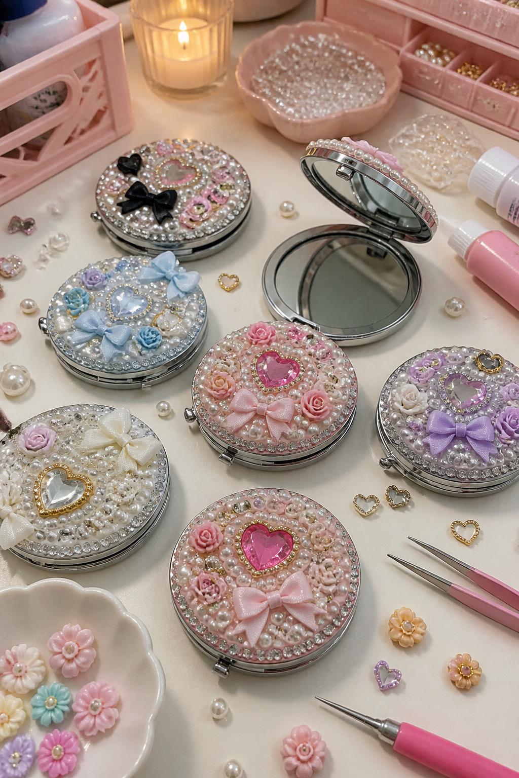 Detailed Image Prompt:
A stylish girls’ night craft photo showing decorated compact mirrors, small plain mirrors covered with pearl stickers, rhinestones, tiny bows, pastel clay flowers, heart charms, and gold accents, arranged on a vanity-style craft table with glue and tweezers nearby, girly handmade accessory mood, no people, no faces, no readable text, no watermark on images.