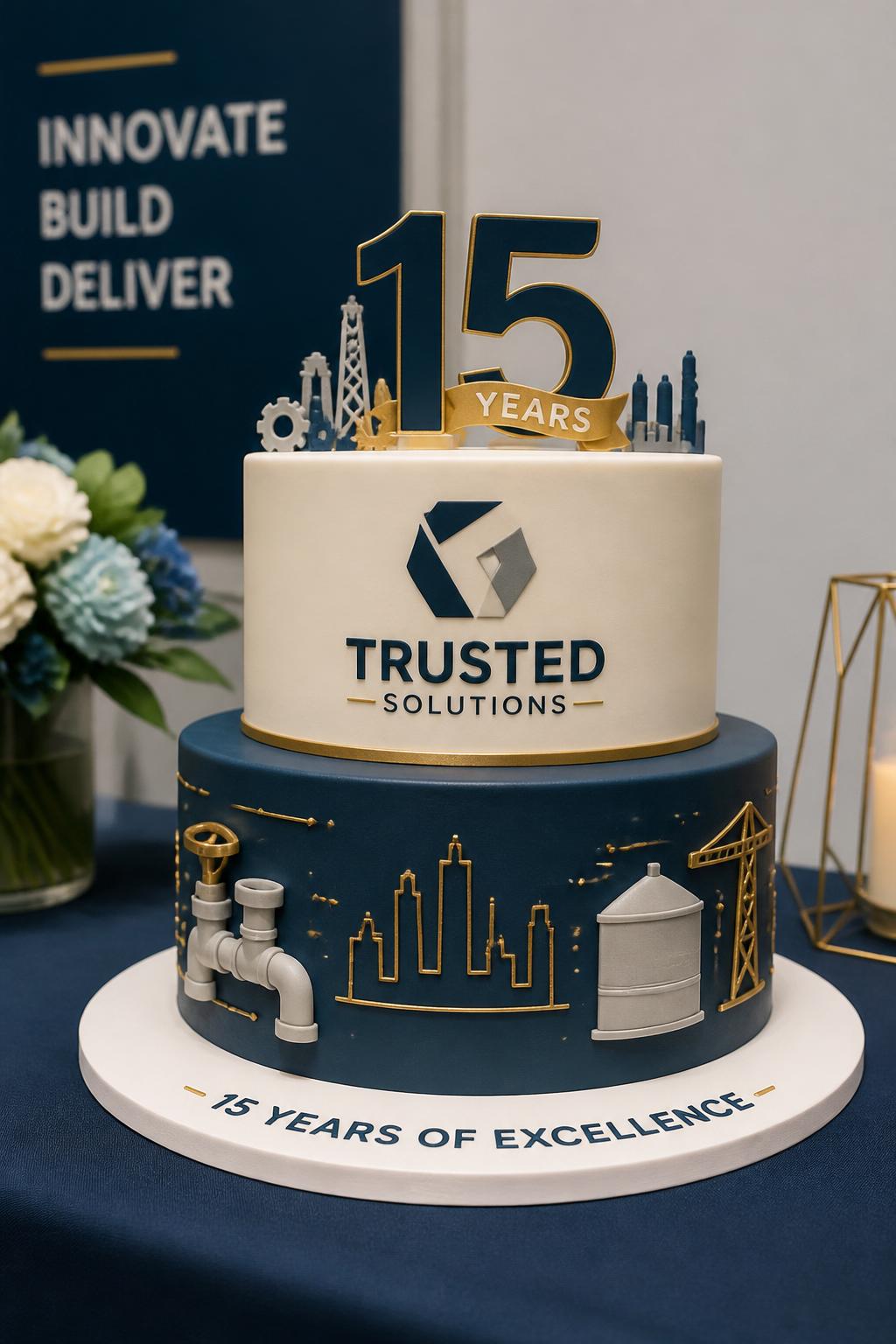 Image Prompt: A professional industry-themed company anniversary cake with smooth fondant, subtle design details inspired by the business field, such as small edible tools, abstract icons, product shapes, or service symbols, blended with brand colors and metallic accents. Style it on a clean event table with corporate decor and soft lighting. Make it polished, tasteful, and realistic, no people, no faces, no watermark. (no watermarks on images)