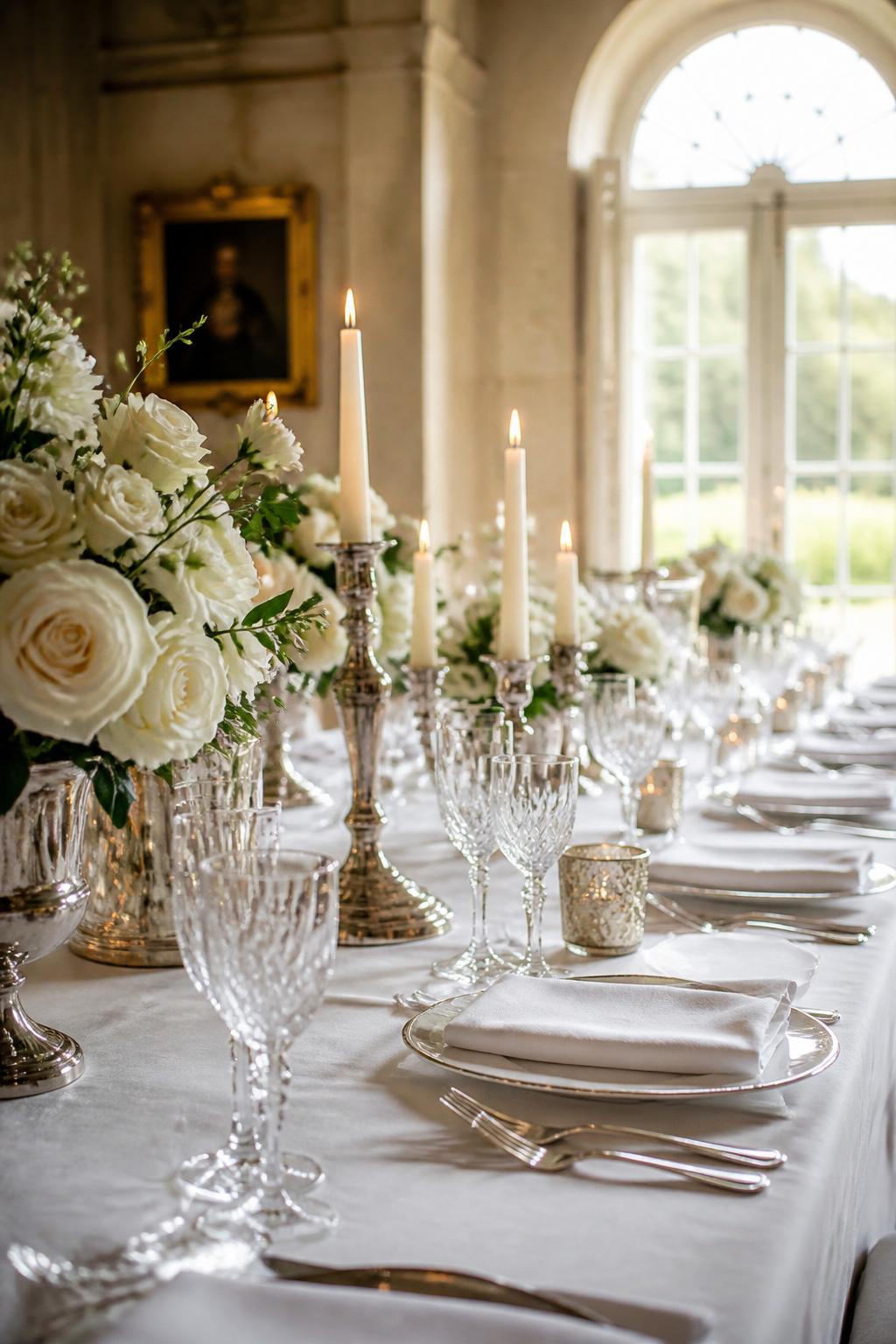 Image Prompt:
A professional editorial wedding reception photo showing a long elegant wedding table styled with crisp white linen, antique silver candlesticks, ivory taper candles, white roses, crystal glasses, polished silver flatware, white plates, and folded linen napkins. The setting is an old-money estate wedding reception with soft natural light, no visible faces, no full people, table-focused composition, realistic DSLR wedding photography, no text, no watermark, (no watermarks on images)