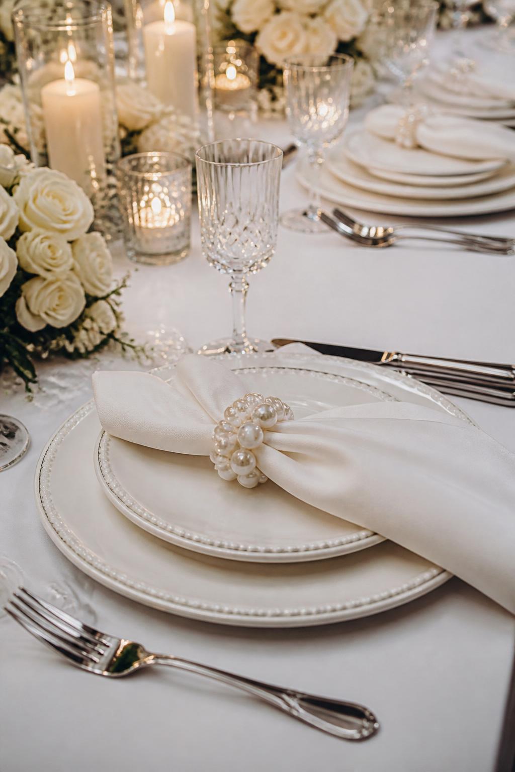 Image Prompt:
A close editorial wedding table photo showing subtle pearl-inspired details around white linen napkins, layered white plates, crystal glasses, silver flatware, white roses, and soft candlelight. Refined indoor reception setting, no visible faces, no text, no watermark, realistic professional wedding photography, (no watermarks on images)