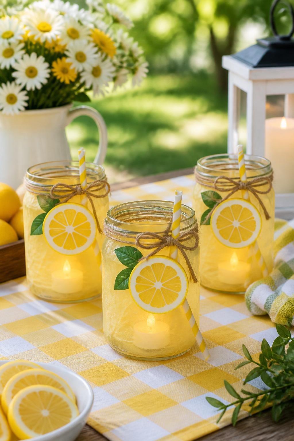Detailed Image Prompt:
A cheerful summer craft photo showing Dollar Tree glass jars turned into lemonade-inspired lanterns, jars decorated with yellow tissue paper, faux lemon slices, twine around the rim, paper straw accents, and safe battery tea lights inside, styled on an outdoor picnic table with simple summer decor, warm natural light, no people, no faces, no readable text, no watermark on images.