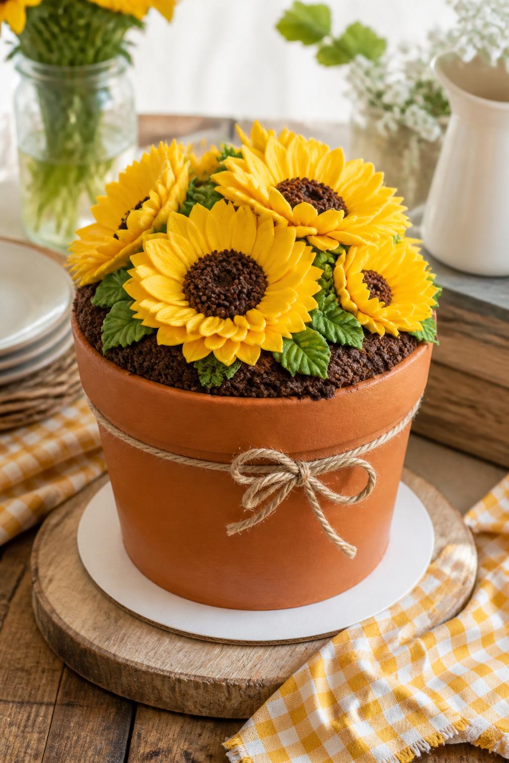 Detailed Image Prompt:
A cheerful flower pot cake styled like a terracotta planter, topped with large yellow buttercream sunflowers, green piped leaves, rich chocolate crumb soil, and a rustic twine detail around the pot, styled on a farmhouse table with warm sunshine and simple summer decor, realistic editorial cake photography, no people, high detail, no watermarks on images.