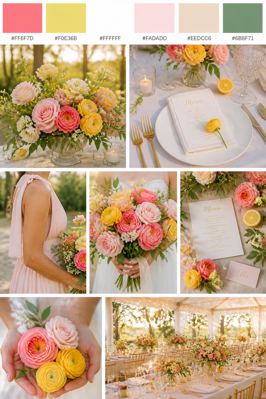 A realistic wedding mood board in a Pinterest-style collage layout. Add a top strip of swatches with small hex codes in watermelon pink, citron, white, pale blush, warm beige, and leafy green. Below, create a cheerful romantic collage with pink and citron flowers, white table decor, menu cards, bouquet close-ups, a side-view body detail of a bridesmaid dress with no face shown, hands holding flowers, and no-people reception styling under soft golden light. Avoid clear faces completely by using cropped, turned-away, or detail-only compositions. DSLR-style realism, 9:16 vertical format. (no watermarks on images)