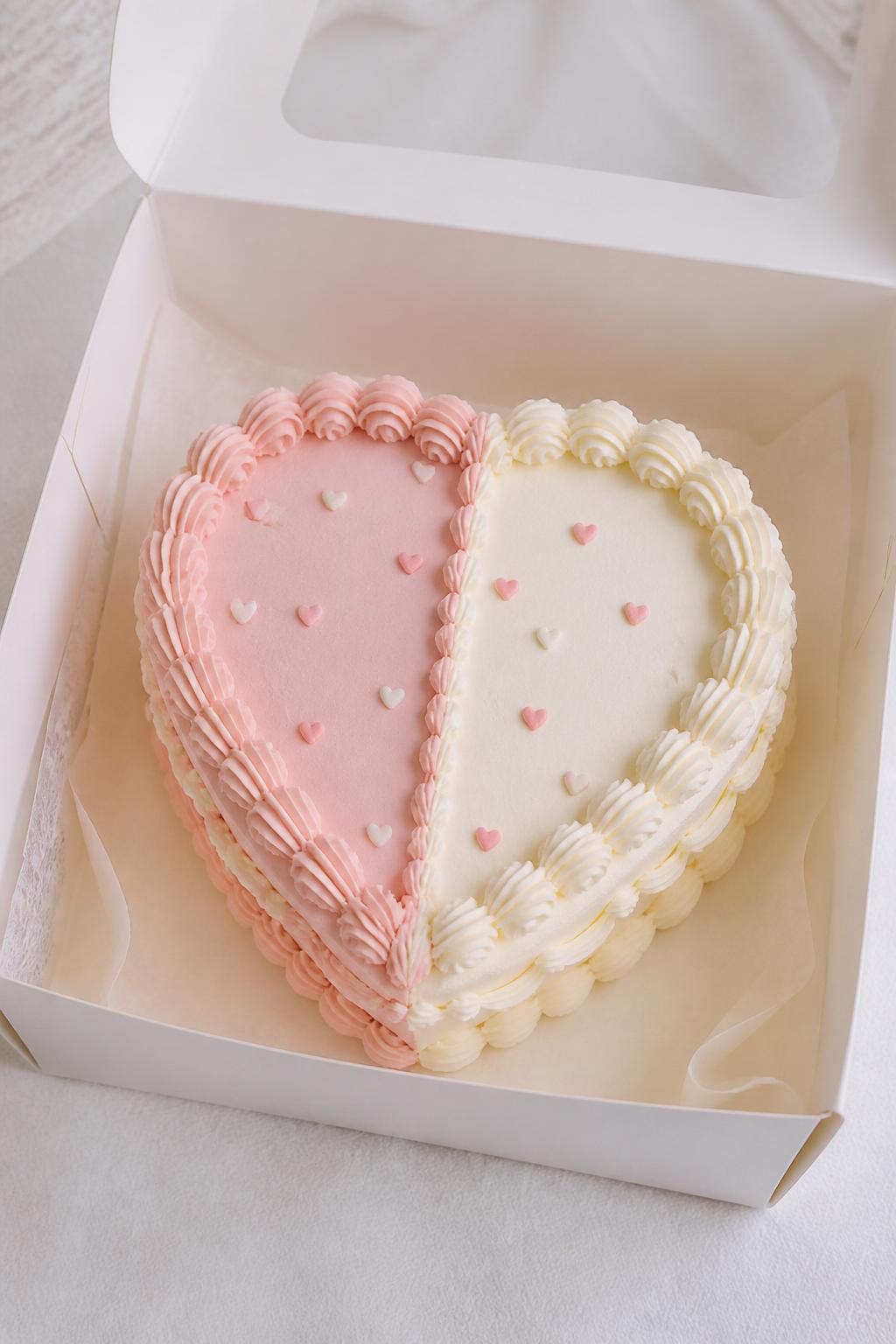 Image Prompt:
A creative half-and-half heart shaped bento cake inside an open white cake box, one half frosted in pale pink buttercream and the other half in cream buttercream, neat piped border, tiny heart sprinkles, stylish modern bakery presentation, soft natural light, realistic dessert photography, no people, no hands, no faces, no watermarks on images