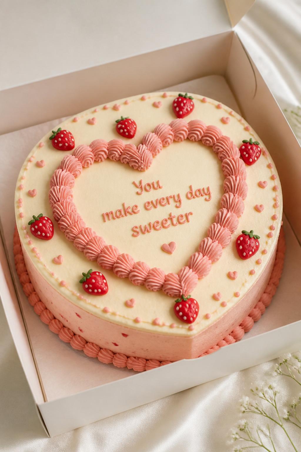 Image Prompt:
A beautiful strawberry themed heart frame bento cake inside an open white cake box, smooth cream and blush frosting, a piped pink heart frame around the center, neat message inside the heart, tiny strawberry accents and dot border, soft romantic styling, realistic dessert photography, no people, no hands, no faces, no watermarks on images