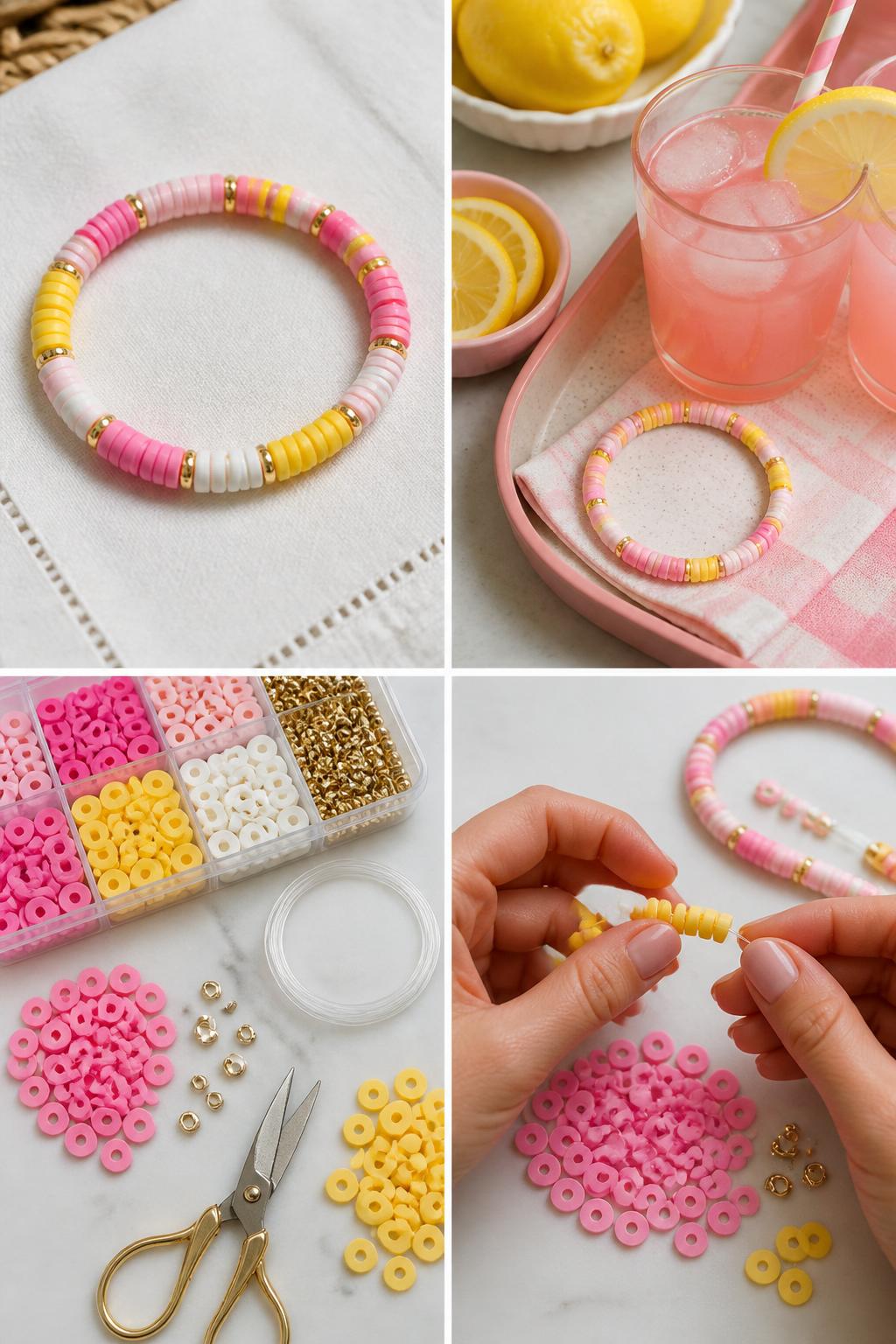 Detailed Image Prompt:
A realistic editorial 2x2 collage grid showing a pink lemonade clay bead bracelet, top-left finished bracelet with pale pink, lemon yellow, white, and gold spacer beads on a white napkin, top-right bracelet beside a glass of pink lemonade, lemon slices, and a pastel summer tray, bottom-left flat lay of pink and yellow clay beads, gold spacers, elastic cord, scissors, and bead tray, bottom-right cropped hands adding yellow beads beside pink beads, bright sunny kitchen craft scene, no faces, no text, no watermark on images.
