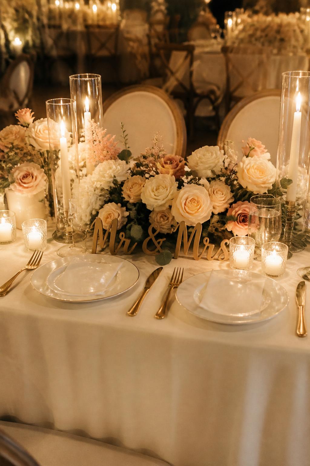 Image Prompt:
A romantic editorial wedding photo showing a Mr and Mrs sweetheart table covered in soft ivory linen, with low floral arrangements in blush, cream, and pale peach, mixed candle heights, clear glass votives, gold flatware, white plates, and a small elegant Mr and Mrs sign. Warm evening reception lighting, no visible faces, no full people, no watermark, realistic wedding magazine photography.