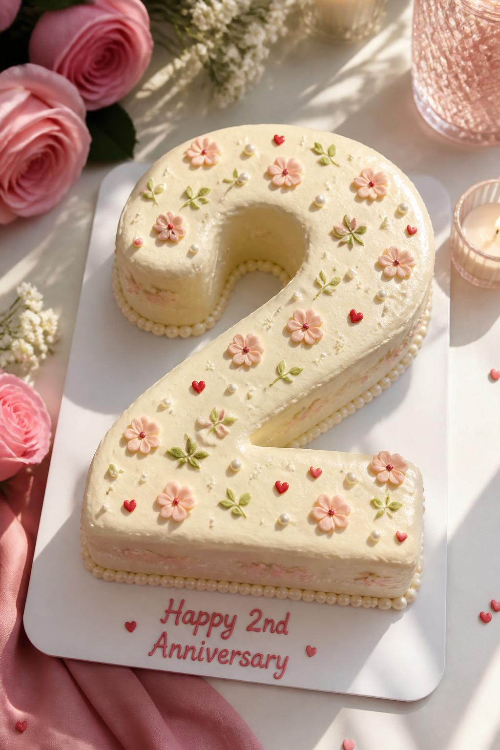 Image Prompt: A cute number 2 shaped anniversary cake covered in smooth ivory buttercream, tiny blush buttercream flowers, soft green leaves, pearl sprinkles, and small red heart details. Place it on a white dessert board with candles, pink roses, and soft natural light. Make it look sweet, playful, and realistic, no people, no faces, no watermark. (no watermarks on images)