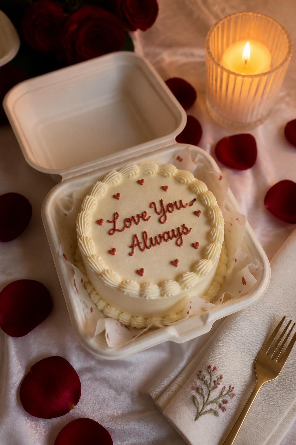 Image Prompt: A sweet bento anniversary cake with smooth white buttercream, red piped lettering that says “Love You Always,” tiny red hearts, and soft shell piping around the edge. Style it inside a small cake box with rose petals, a folded napkin, and warm candlelight nearby. Make it intimate, realistic, and romantic, no people, no faces, no watermark. (no watermarks on images)