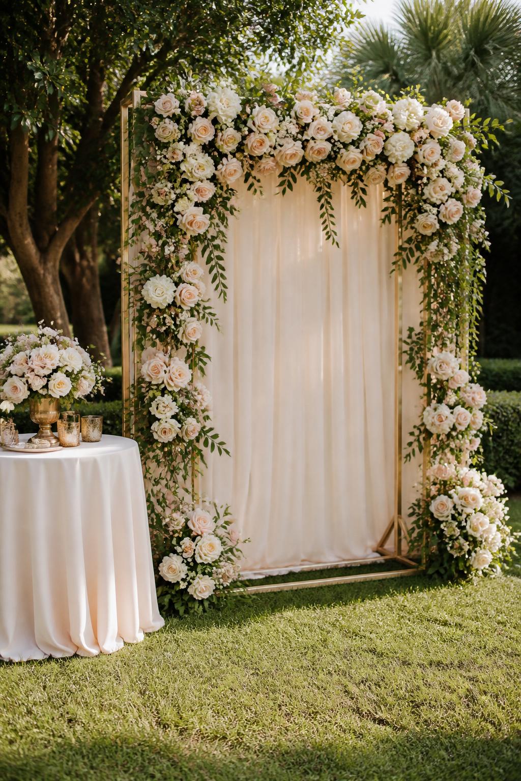Image Prompt:
A single realistic photo of an outdoor engagement backdrop with a freestanding floral frame filled with blush roses, ivory blooms, pale peach flowers, and soft greenery, placed in a garden party setting, with a small styled table nearby, no people, no faces, soft natural sunlight, realistic outdoor event photography, no text, no watermark.