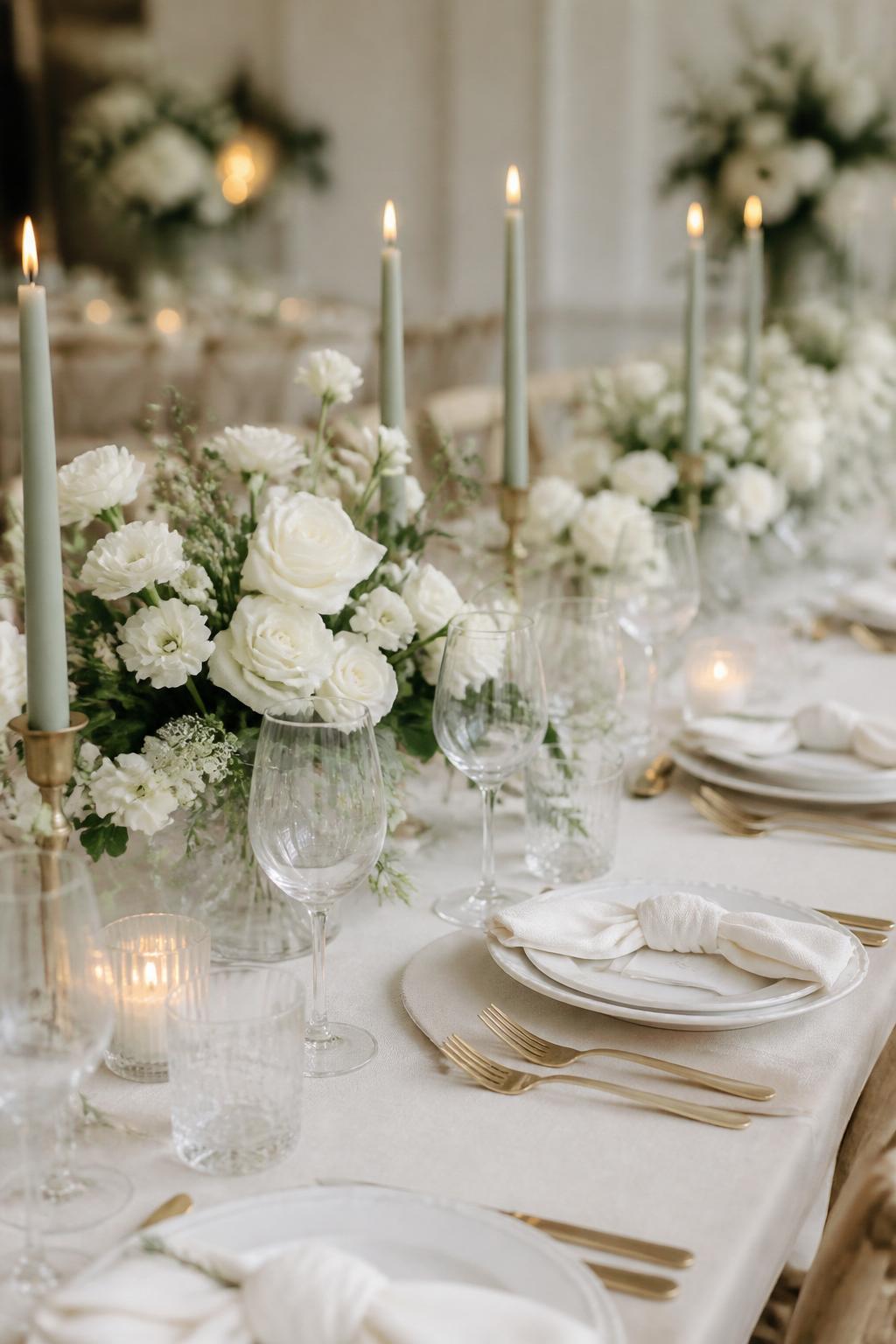 Image Prompt:
A classy wedding table image featuring sage green taper candles in elegant holders, neutral ivory linen, white plates, gold flatware, clear glasses, low white floral arrangements, and soft greenery. Calm romantic reception setting, no visible faces, no text, no watermark, professional wedding magazine photography, (no watermarks on images)