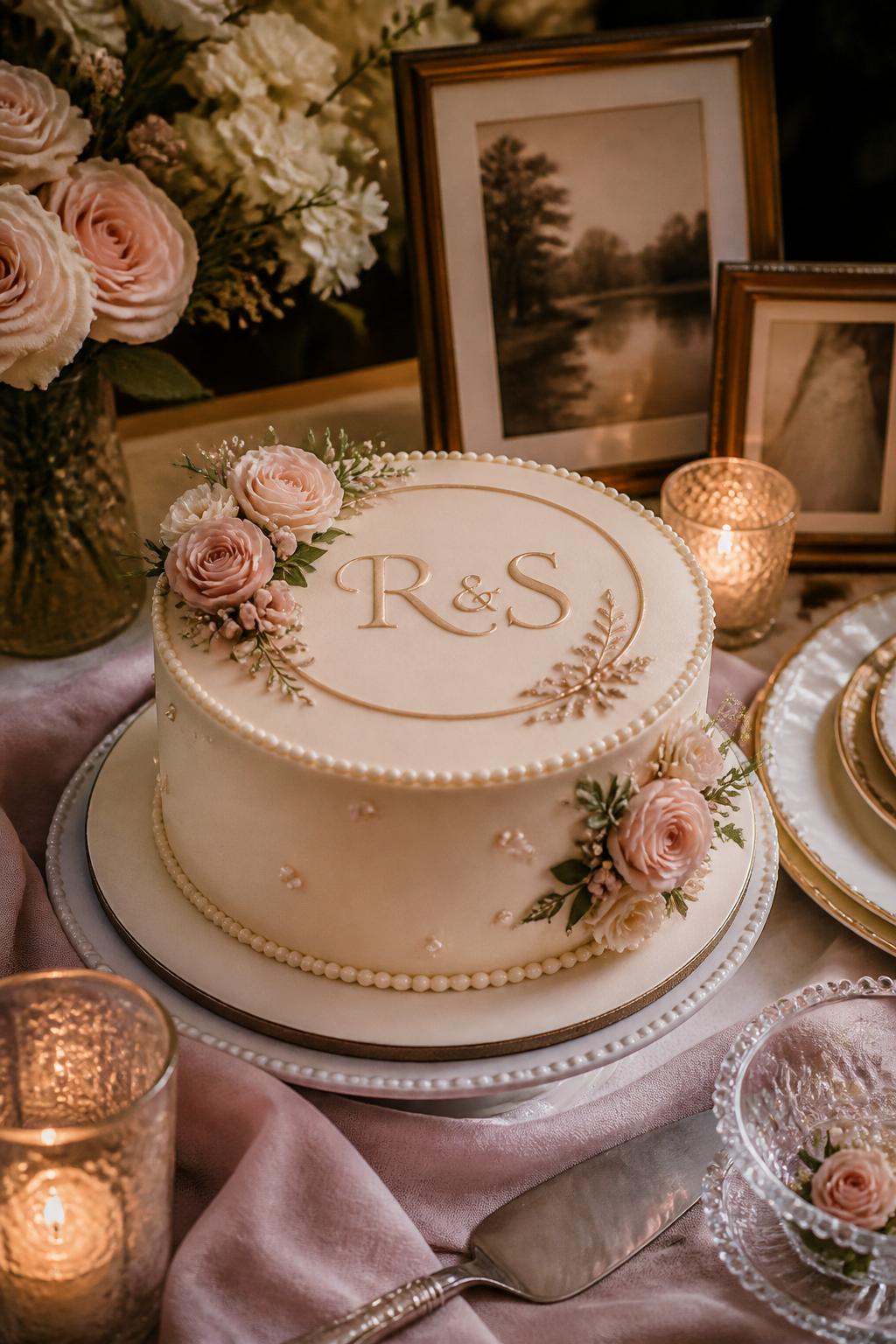 Image Prompt: An elegant anniversary cake for parents with smooth buttercream, a monogram or family initials in the center, delicate pearl borders, and blush floral accents. Style it on a refined dessert table with framed family keepsakes, candles, and soft linen. Make it look personalized, warm, and realistic, no people, no faces, no text overlay, no watermark. (no watermarks on images)