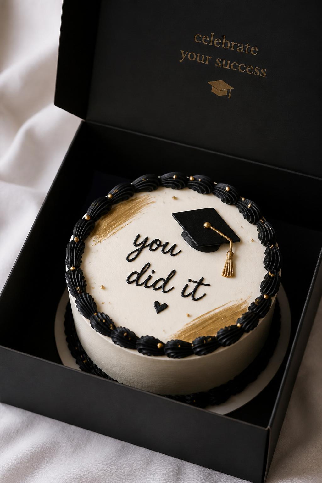 Image Prompt:
A stylish black and gold graduation bento cake inside an open black cake box, smooth ivory frosting, elegant black piped border, subtle gold brushstroke accents, handwritten icing text reading “you did it,” sleek celebratory dessert styling, soft studio light, realistic editorial bakery photography, no people, no hands, no faces, (no watermarks on images)