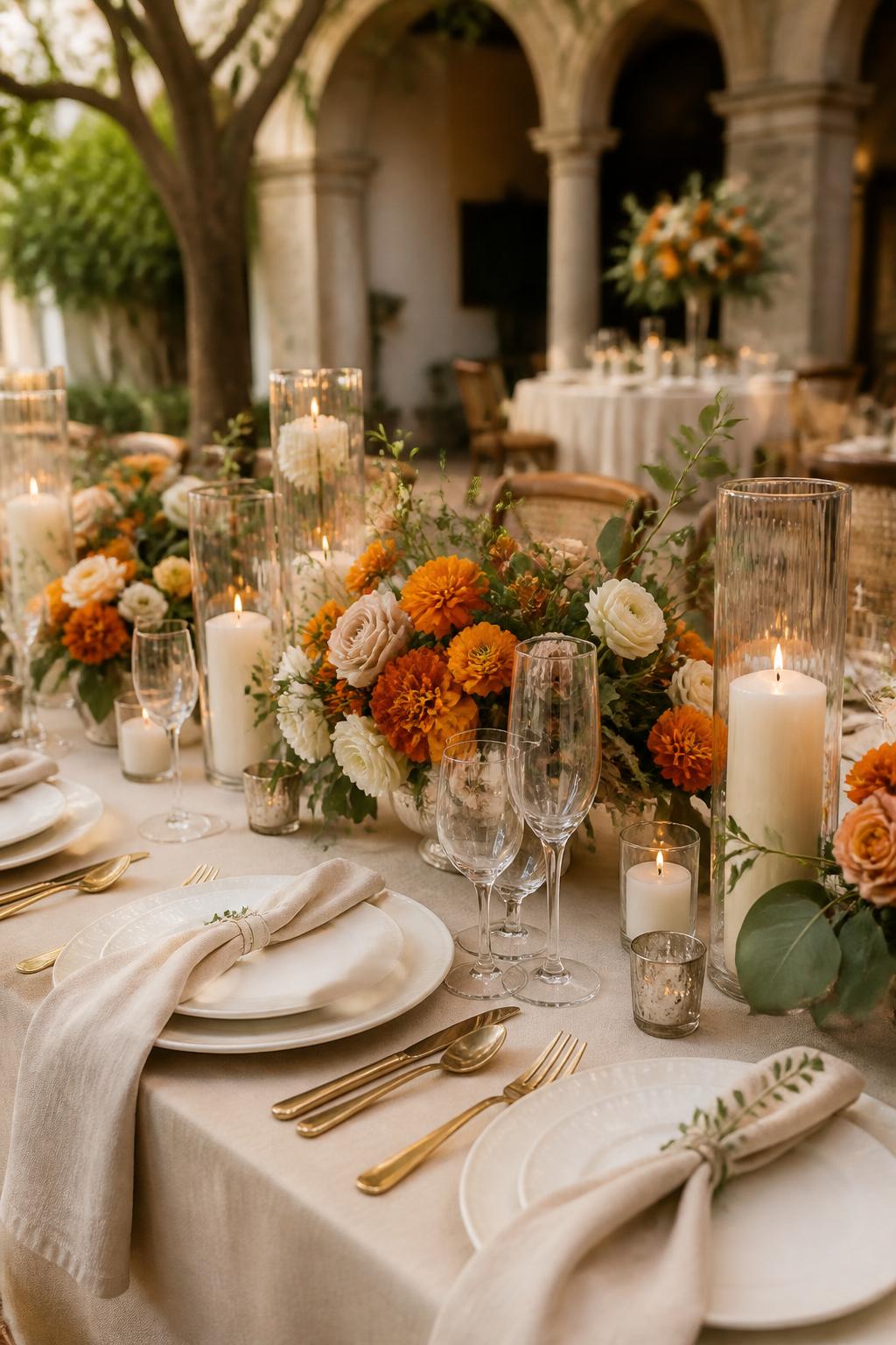 Image Prompt:
A refined Mexican wedding reception table styled with marigold orange flowers, white roses, soft greenery, ivory candles, white plates, gold flatware, clear glassware, and neutral linen. The setting is elegant and warm in a courtyard or hacienda-style venue, no visible faces, no text, no watermark, professional DSLR wedding photography.