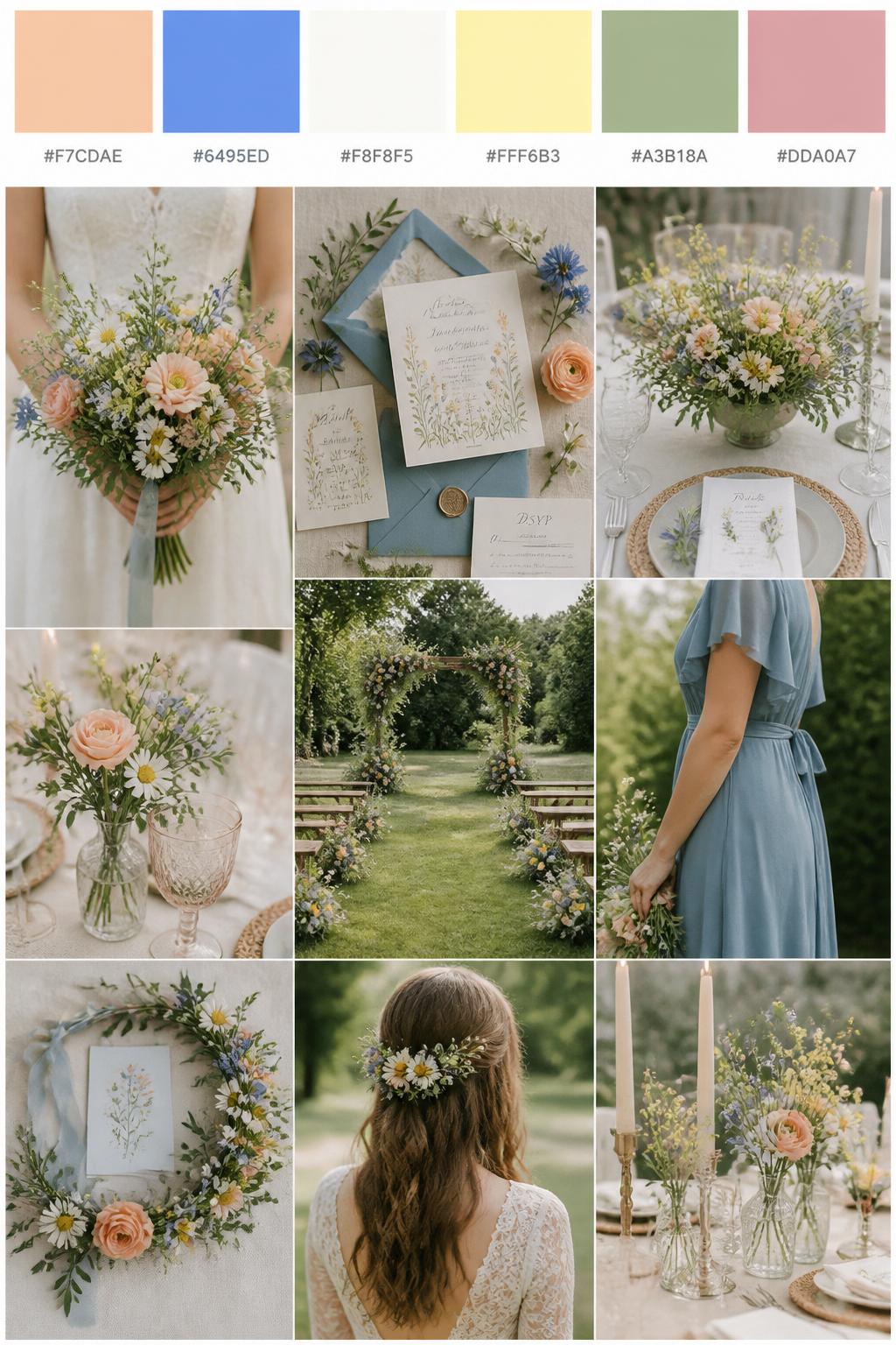 A realistic Pinterest-style wedding color palette board with a top row of swatches and small hex codes in peach, cornflower blue, soft white, pale yellow, meadow green, and dusty rose. Below the swatches, create a fresh wildflower wedding collage with peach blooms, blue wildflowers, white daisies, meadow-style greenery, soft table decor, invitation flat lays, a bouquet held at waist level with no face visible, cropped bridesmaid dress fabric, and a garden ceremony scene with no people. Use varied no-face compositions, including hands-only details, side-view dress shots, back-view styling, and no-people decor scenes. DSLR photo realism, 9:16 vertical format. (no watermarks on images)