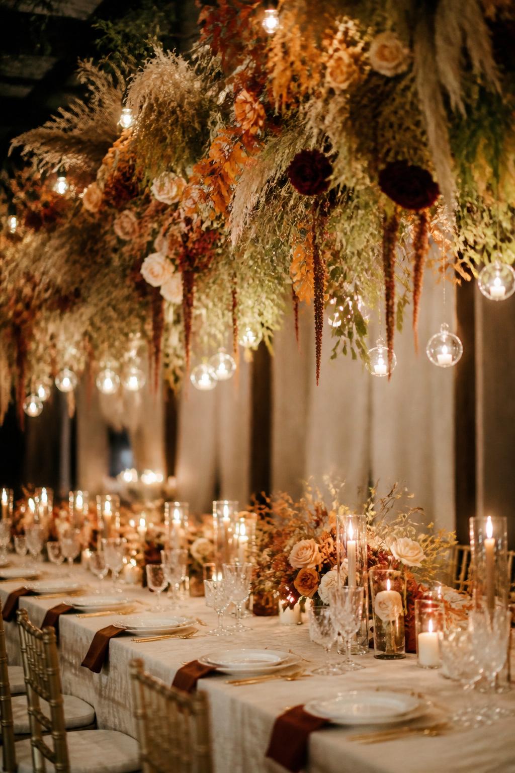 Image Prompt:
A dreamy editorial autumn wedding reception photo showing a long table beneath a hanging floral installation with burnt orange flowers, burgundy blooms, soft greenery, dried grasses, and warm lights. The table below has ivory linen, candles, white plates, crystal glasses, and elegant place settings. No visible faces, no full people, table and hanging flowers focused, no text, no watermark, realistic DSLR wedding photography, (no watermarks on images)