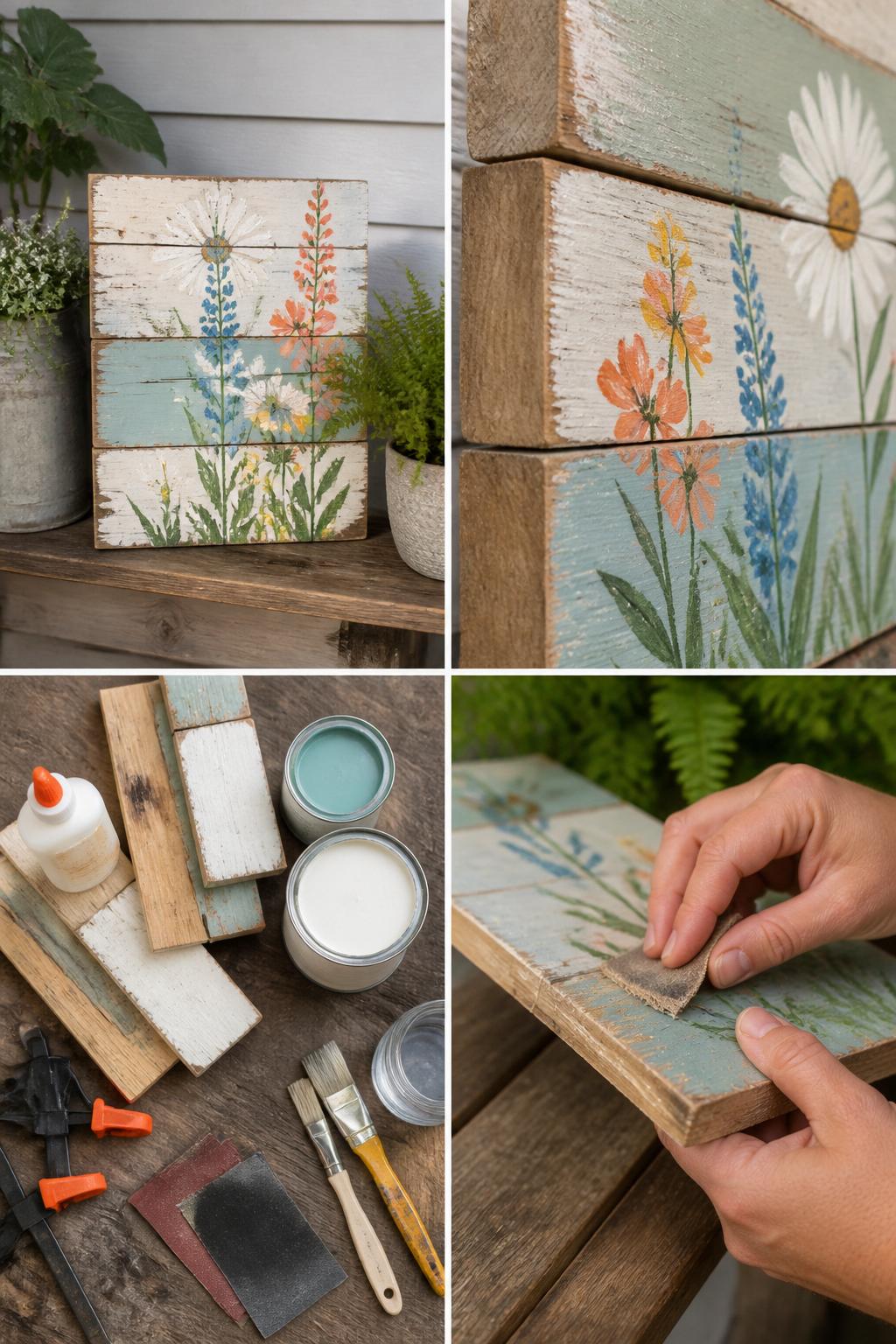 Detailed Image Prompt:
A realistic editorial 2x2 collage grid showing a rustic scrap wood flower summer sign, top-left finished sign made from small scrap wood planks with painted flowers, greenery, and lightly distressed edges on a porch shelf, top-right close-up of plank seams, flower details, and sanded paint edges, bottom-left flat lay of scrap wood pieces, wood glue, paint, brushes, sandpaper, clamps, and clear sealer, bottom-right cropped hands distressing painted wood edges with sandpaper, rustic summer porch craft scene, no faces, no text, no watermark on images.