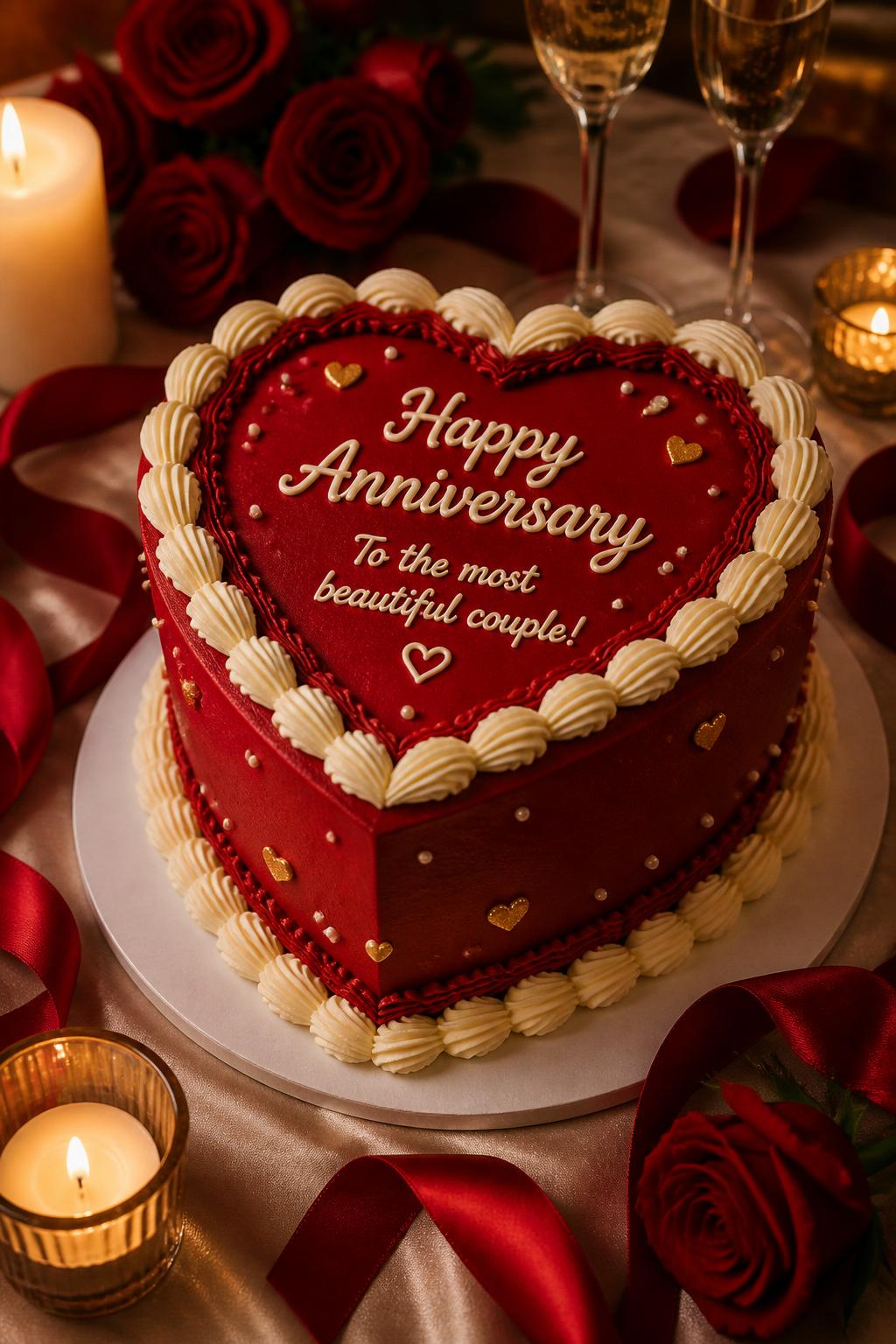 Image Prompt: A heart-shaped red anniversary cake with deep red buttercream, ivory shell piping, tiny pearl dots, gold heart accents, and a sweet anniversary message on top. Style it on a romantic table with candles, satin ribbon, red roses, and champagne glasses. Make it rich, cute, and realistic, with detailed buttercream texture, no people, no faces, no watermark. (no watermarks on images)