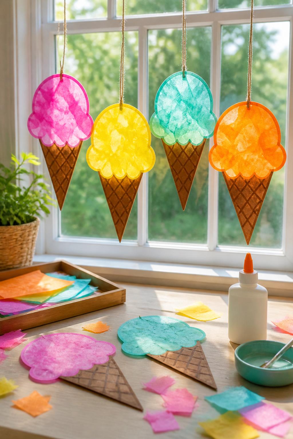 Detailed Image Prompt:
A cheerful summer craft setup showing handmade ice cream cone sun catchers hanging in a bright window, translucent tissue paper scoops in pink, yellow, mint, and orange, brown paper cone bottoms, sunlight shining through the colored paper, a few finished crafts laid on a craft table with glue and tissue scraps, soft natural light, kid-friendly editorial craft photography, no faces, no text, no watermark on images.