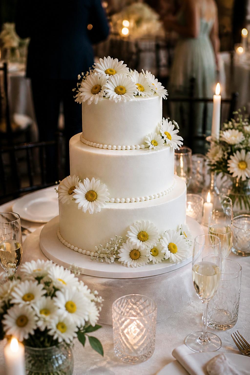 Image Prompt: Ultra-realistic wedding reception photo of a classic white daisy wedding cake with smooth white buttercream or fondant tiers, fresh white daisies with yellow centers placed elegantly around the cake, and a soft romantic bridal finish. Place the cake on a beautifully styled wedding cake table in a real wedding party scene with candles, daisy floral centerpieces, fine linens, champagne glasses, glassware, and a softly blurred reception backdrop. Keep the cake as the clear main focus. No visible faces. If people appear, show only cropped hands, back views, side views, or neck-down figures. Realistic daisy petals, smooth icing texture, soft natural wedding lighting, DSLR editorial photography. (no watermarks on images)