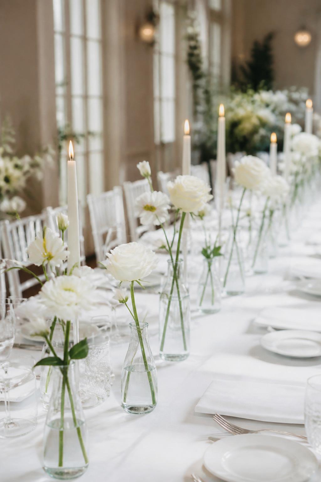 Image Prompt:
A clean editorial wedding reception image featuring a long white wedding table with a neat line of clear bud vases, each holding one or two white flower stems such as white roses, white cosmos, or white lisianthus. Include slim candles, white linen, white plates, clear glasses, and a bright elegant venue. No visible faces, no text, no watermark, realistic DSLR wedding photography, (no watermarks on images)