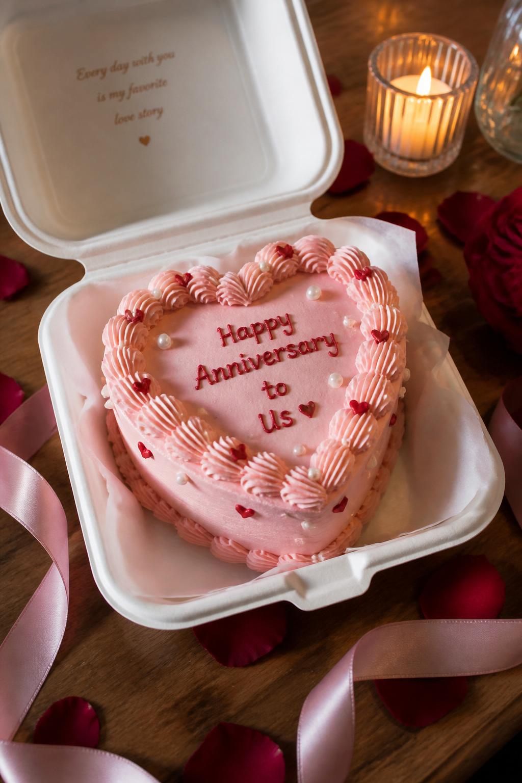 Image Prompt: A lovely heart-shaped bento anniversary cake in a small white takeout-style cake box, decorated with soft pink buttercream, delicate shell piping, tiny white pearls, and small red heart details. Add a simple romantic anniversary message on top in neat piped lettering. Style it on a cozy table with rose petals, satin ribbon, and soft candlelight. Use realistic buttercream texture, editorial food photography, no people, no faces, no watermark. (no watermarks on images)