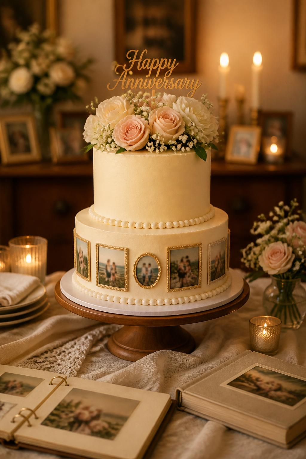 Image Prompt: A lovely two-tier anniversary cake with smooth ivory buttercream, small edible family memory photo frames around the bottom tier, cream and blush flowers on the top tier, pearl borders, and a soft gold topper. Style it on a warm family dessert table with candles, linen, and photo albums nearby. Make the printed photos softly blurred with no clear visible faces, realistic, emotional, no people, no faces, no watermark. (no watermarks on images)