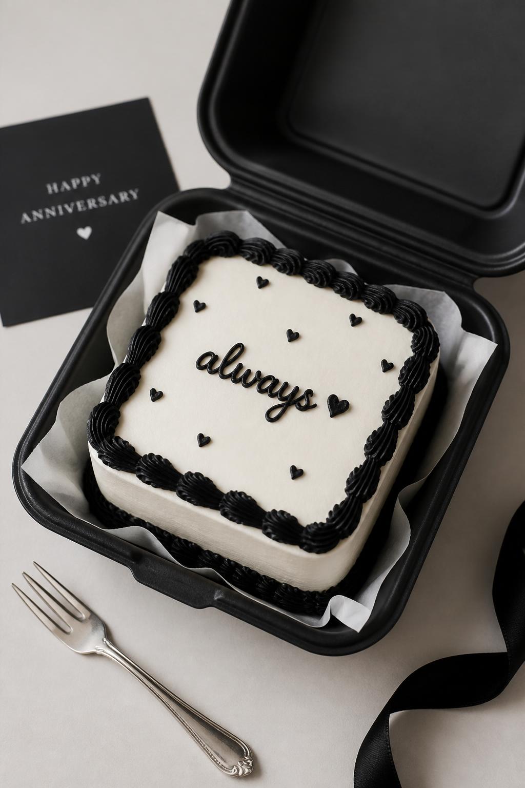 Image Prompt:
A stylish black and white anniversary bento cake inside an open black cake box, smooth white frosting, black piped border, small black heart details, short icing text reading “always,” sleek modern dessert styling, silver mini fork nearby, clean editorial food photography, soft studio light, no people, no hands, no faces, no watermarks on images
