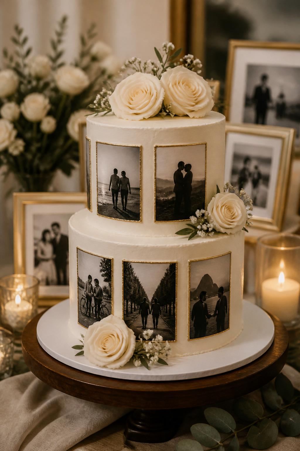 Image Prompt: A sentimental anniversary cake with smooth white buttercream, edible printed black-and-white photo frames around the tiers, small gold borders, and fresh cream roses. Style it on a memory table with framed photos, candles, and soft neutral decor. Make the cake look tasteful, emotional, and high-end, with realistic edible photo detail, no people’s faces clearly visible in the cake photos, no text overlay, no watermark. (no watermarks on images)