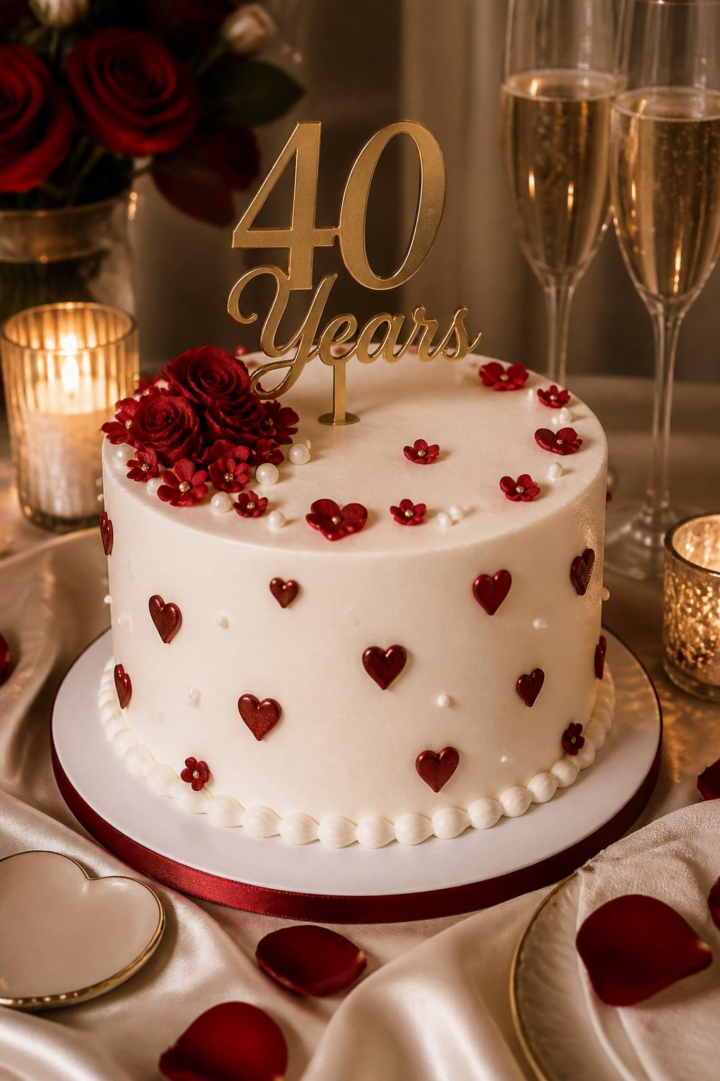 Image Prompt: A lovely ruby wedding anniversary cake with smooth white buttercream, small raised ruby hearts, pearl borders, tiny red sugar flowers, and a gold “40 Years” topper. Place it on a romantic dessert table with candles, red rose petals, champagne glasses, and cream linen. Make it sweet, meaningful, and realistic, no people, no faces, no watermark. (no watermarks on images)