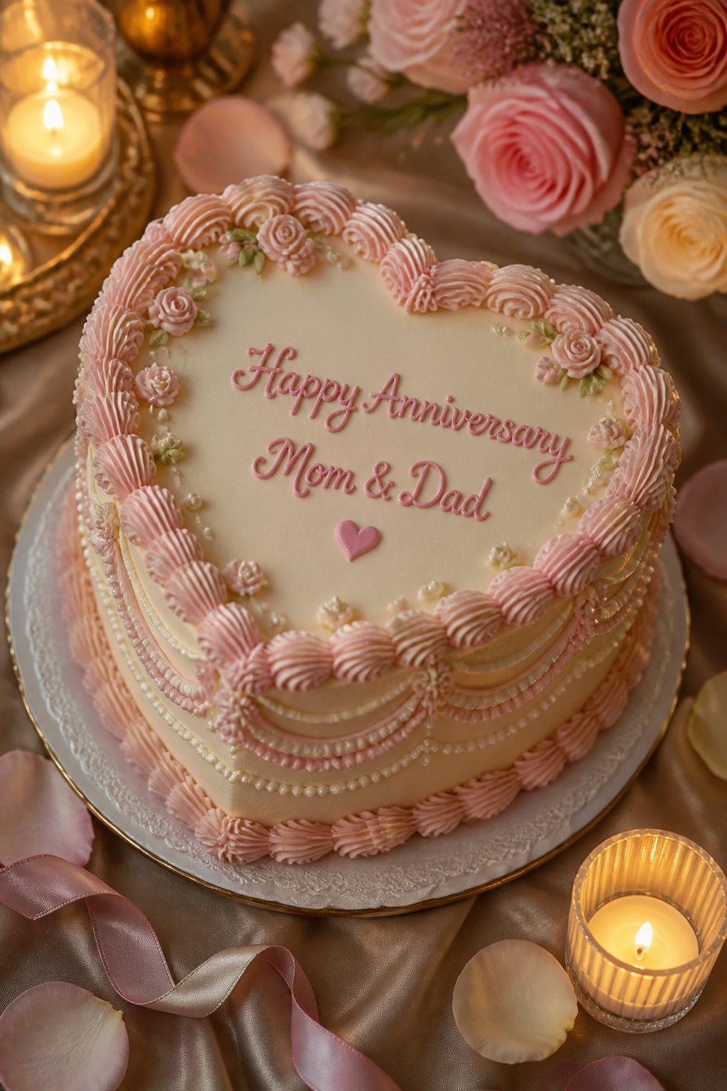 Image Prompt: A cute vintage-style heart-shaped anniversary cake for parents with soft pink and ivory buttercream, Lambeth piping, pearl dots, tiny floral accents, and a sweet anniversary message. Style it on a romantic table with rose petals, satin ribbon, and glowing candlelight. Make it realistic, charming, and editorial, no people, no faces, no watermark. (no watermarks on images)