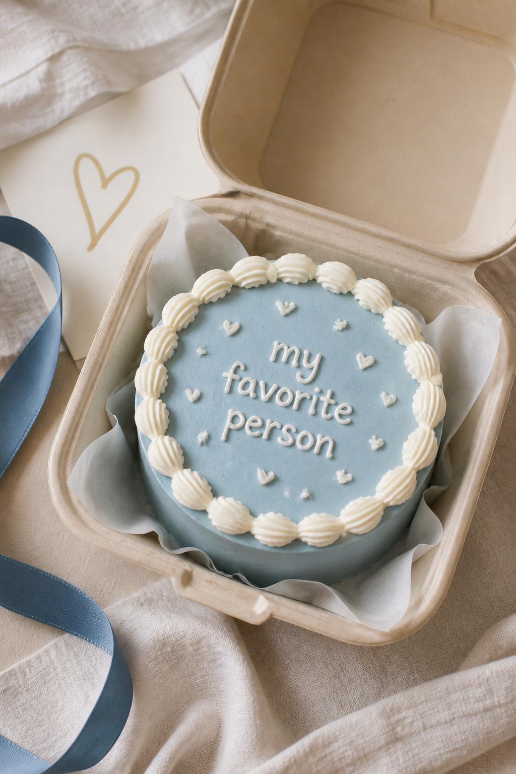 Image Prompt:
A small round bento cake for boyfriend in an open kraft paper bento box, pale blue buttercream frosting, neat white piped border, handwritten icing text reading “my favorite person,” tiny white hearts and stars around the message, modern cute bakery styling, soft linen cloth underneath, small gift ribbon nearby, realistic DSLR food photography, bright natural light, no people, no hands, no faces, no watermarks on images