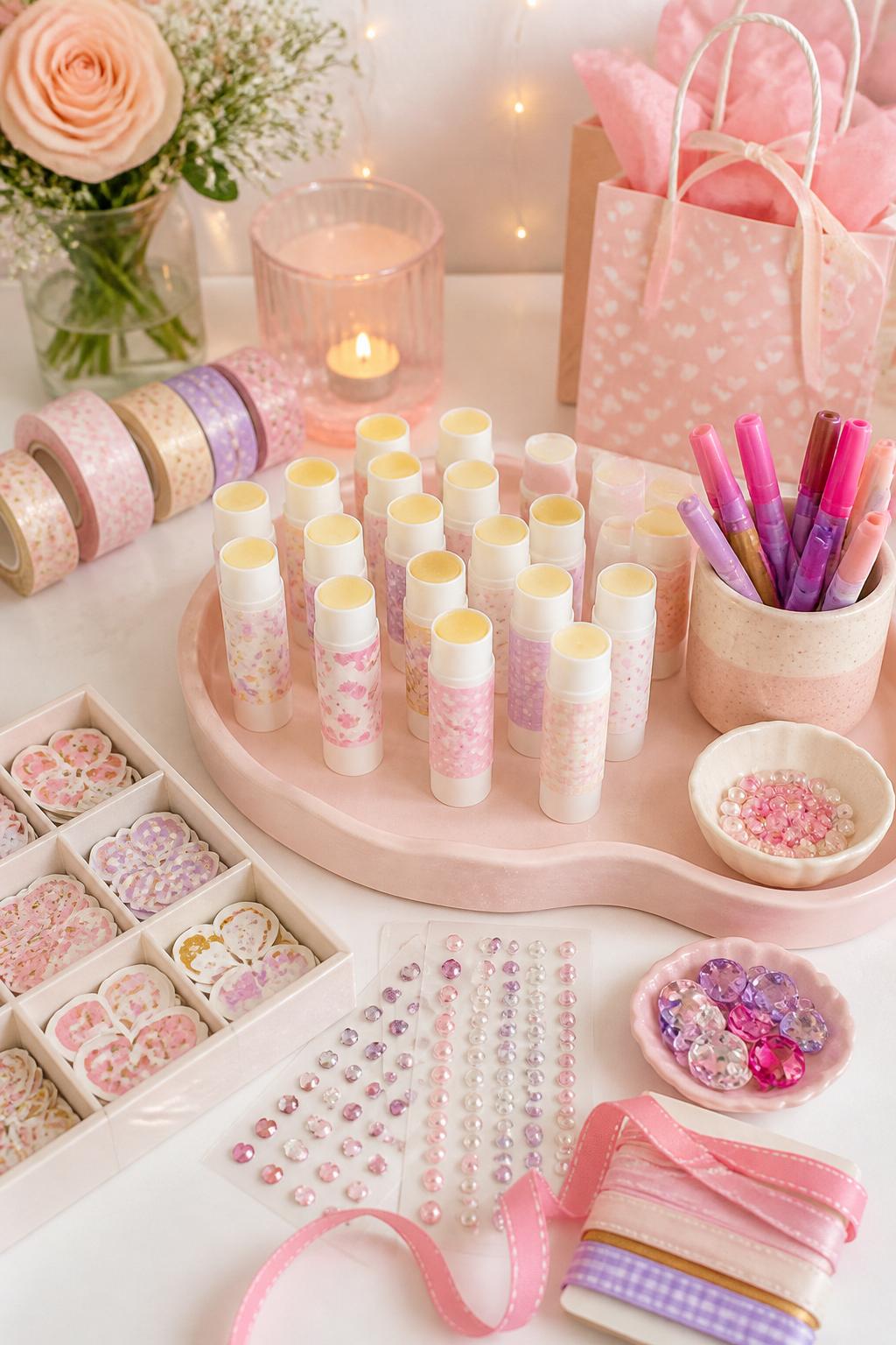 Detailed Image Prompt:
A cute craft table photo showing a DIY lip balm decorating station, plain lip balm tubes with pastel labels, tiny stickers, washi tape, ribbon, gems, markers, and small gift bags arranged neatly, soft pink and cream girls’ night styling, clean tabletop, no people, no faces, no readable brand text, no watermark on images.