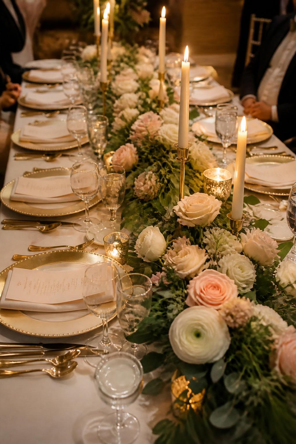 A professional editorial wedding reception photo showing a long rectangle wedding table styled with a lush floral garland running down the center, soft blush roses, ivory ranunculus, greenery, and slim taper candles in gold holders. The table has white linen, gold-rimmed plates, folded linen napkins, clear wine glasses, and small printed menus. Warm candlelight, elegant indoor reception setting, no visible faces, guests cropped from the shoulders down or absent, magazine-quality DSLR photo, refined wedding decor, realistic lighting, no text, no watermark.