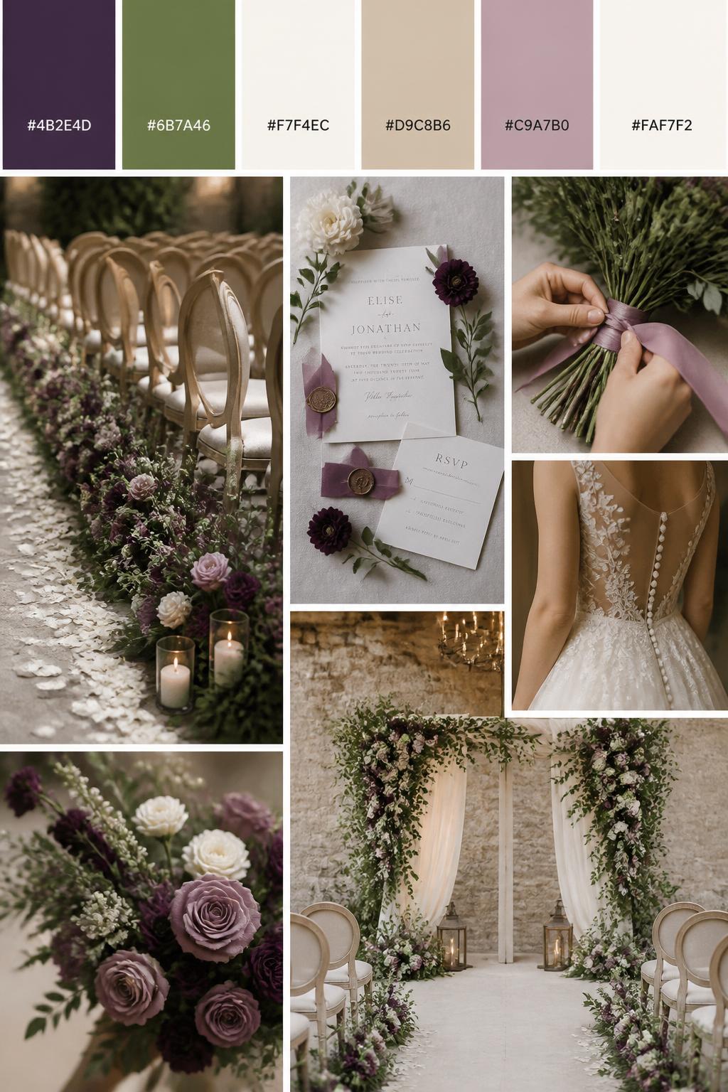 Image Prompt:
A realistic wedding color palette collage with a top row of swatches and hex codes in plum, olive green, ivory, beige, dusty mauve, and cream. Below, show realistic wedding details such as plum aisle flowers, olive greenery, ivory petals, soft ceremony chairs, elegant stationery, hands tying ribbon around floral stems, a cropped-from-neck dress detail, and a softly lit no-people ceremony aisle setup. Keep all people shown from the back, side, or cropped below the face, and include no-people decor scenes for variety. The mood should feel romantic, natural, and polished with DSLR-quality realism. 9:16 vertical format. (no watermarks on images)