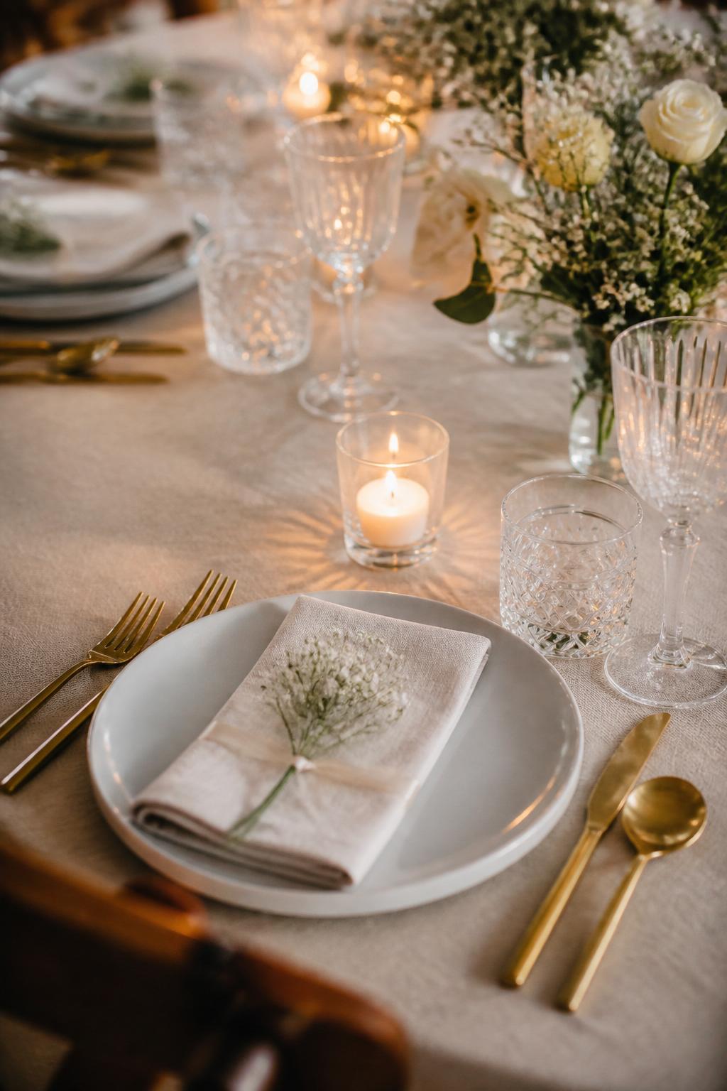 Image Prompt:
A close editorial wedding table photo focused on individual place settings with a small glass votive candle near each plate, folded linen napkins, white plates, gold flatware, crystal glasses, and tiny floral sprigs. Elegant intimate reception setting, no visible faces, no text, no watermark, realistic professional wedding photography, (no watermarks on images)