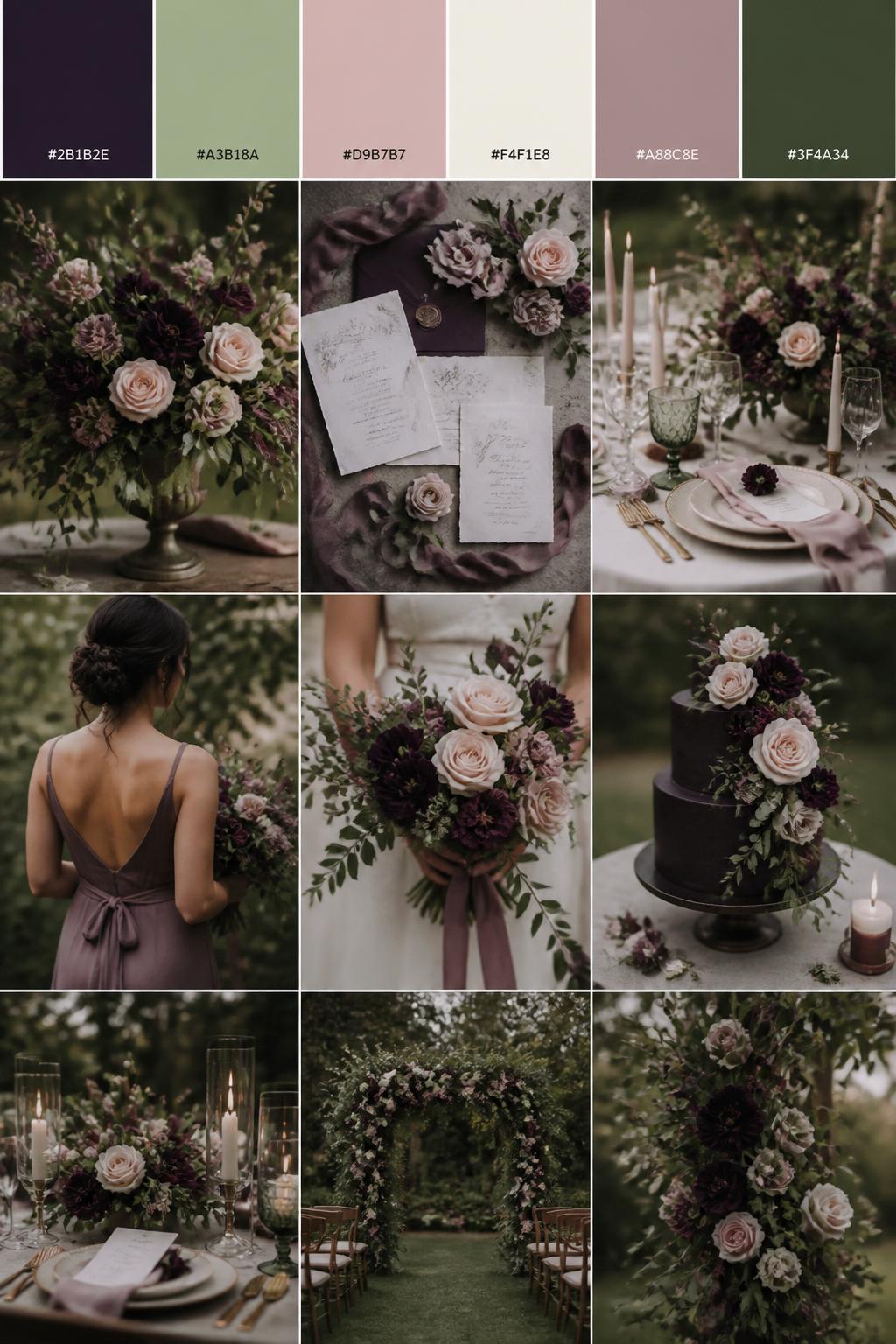 A realistic wedding mood board with a top strip of color swatches and small hex codes in blackberry, sage green, blush, cream, dusty mauve, and deep olive. Below, show a soft dark romantic collage with blackberry-toned florals, sage greenery, blush roses, cream table styling, elegant invitations, a back-view bridesmaid dress shot with no face visible, hands holding a bouquet, and a garden ceremony scene with no clear faces. Keep the mood cute, fresh, romantic, and slightly moody with natural DSLR-style lighting. 9:16 vertical format. No extra text except small hex codes on the palette strip. (no watermarks on images)