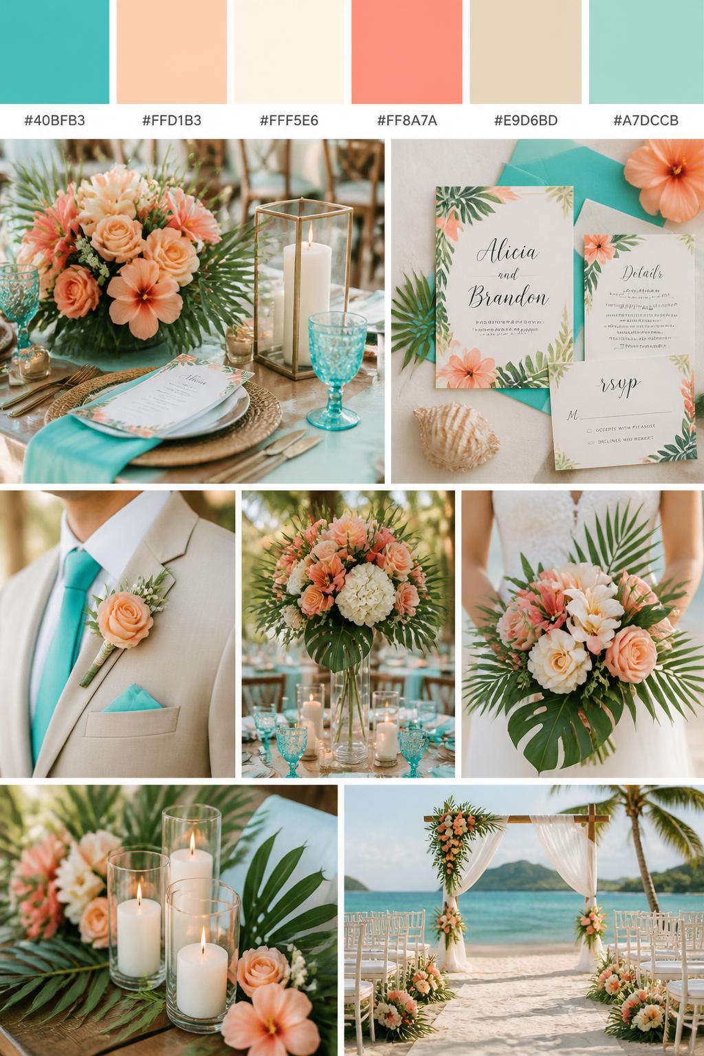 A realistic tropical wedding mood board with a top strip of color swatches and small hex codes in turquoise, peach, ivory, soft coral, warm beige, and seafoam green. Below, show a romantic collage of wedding details: turquoise table accents, peach flowers, ivory candles, tropical invitation styling, airy floral centerpieces, a cropped groom suit detail with boutonniere and no face visible, hands holding a bouquet, and a no-people ceremony setup near a tropical backdrop. Keep the collage bright, soft, and polished with DSLR-style realism. Use no clear faces, with side angles, back views, detail-only shots, and no-people scenes. 9:16 vertical format. (no watermarks on images)