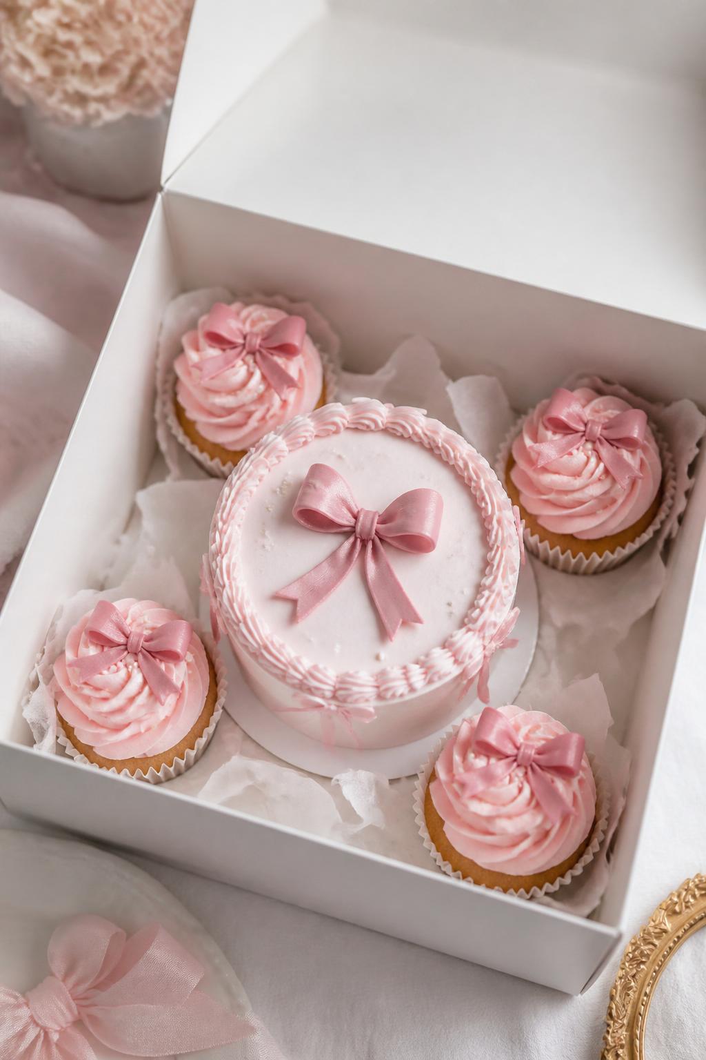 Image Prompt:
A cute pink bow themed bento cake with cupcakes set inside an open white gift box, one small pale pink bento cake in the center with a buttercream bow on top and delicate piped border, surrounded by four matching cupcakes with pale pink swirls, tiny bows, and pearl accents, coquette inspired styling, soft pastel backdrop, realistic DSLR dessert photography, no people, no hands, no faces, no watermarks on images